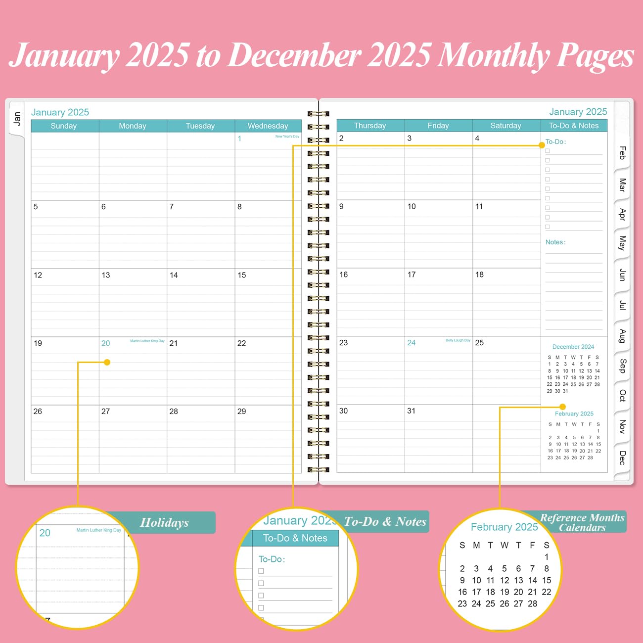 2025 Weekly & Monthly Planner Spiral Bound - January to December 2025 with Tabs, Inner Pocket, 8.5