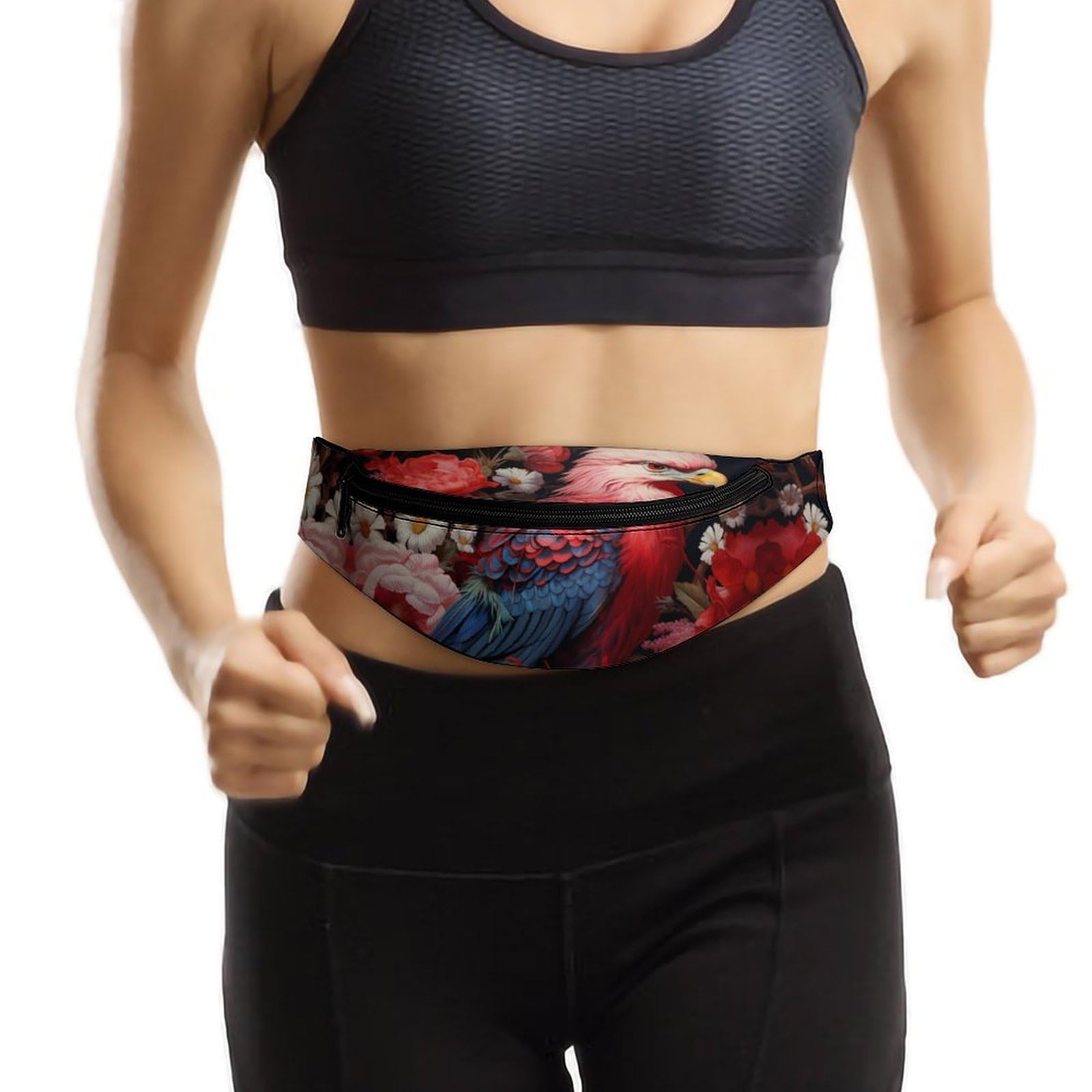 Red Floral Eagle Print Belt Bag - Adjustable Waist Pouch & Crossbody Bag for Women & Men - Perfect for Hiking, Travel, and Outdoor Adventures
