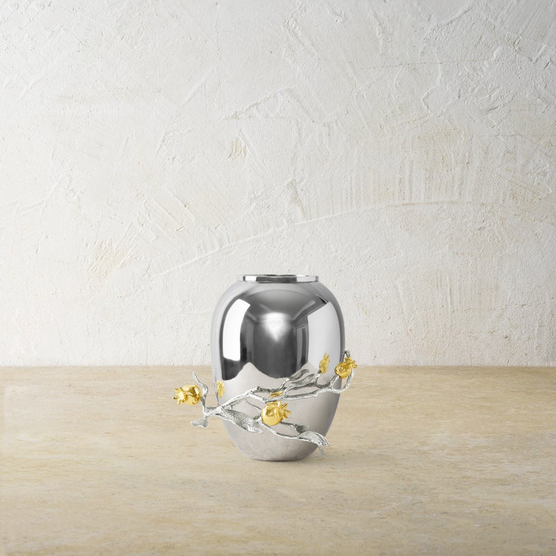 Elegant Pomegranate Silver & Gold Vase - Handcrafted Home Decor for Wedding Centerpieces, Dining Table & Luxury Gift Giving