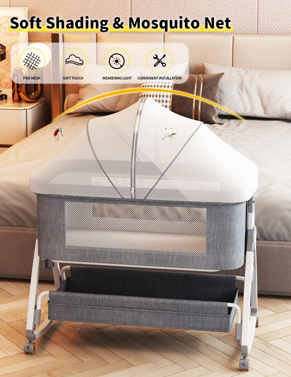 Bonbay 4-in-1 Portable Baby Bassinet with Wheels, Mosquito Net & Storage Basket - 6 Height Adjustable Bedside Sleeper for Newborns | Perfect for Nursery, Bedroom & Travel Use