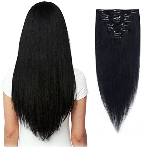 Focussexy 7-Piece Clip-In Human Hair Extensions - Thick Remy Hair, Silky Straight & Long for Full Head Coverage | Perfect for Daily Styling, Parties & Special Occasions