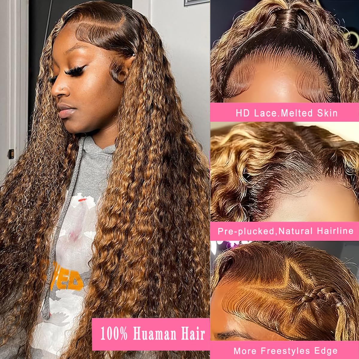 30 Inch Ombre Honey Blonde Human Hair Lace Front Wig - 4/27 Colored 13x6 HD Lace with Baby Hair & Pre-Plucked Hairline - Deep Wave Curly Lace Frontal Wig for Women | Perfect for Daily Wear, Cosplay, Parties and Special Occasions