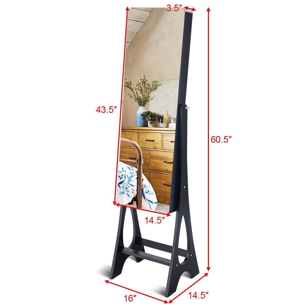 WATERJOY Solid LED Jewelry Armoire Organizer with Full-Length Mirror - 3-Angle Adjustable Standing Jewelry Cabinet with Bevel Edge Mirror - Perfect for Bedroom, Dressing Room & Closet Organization