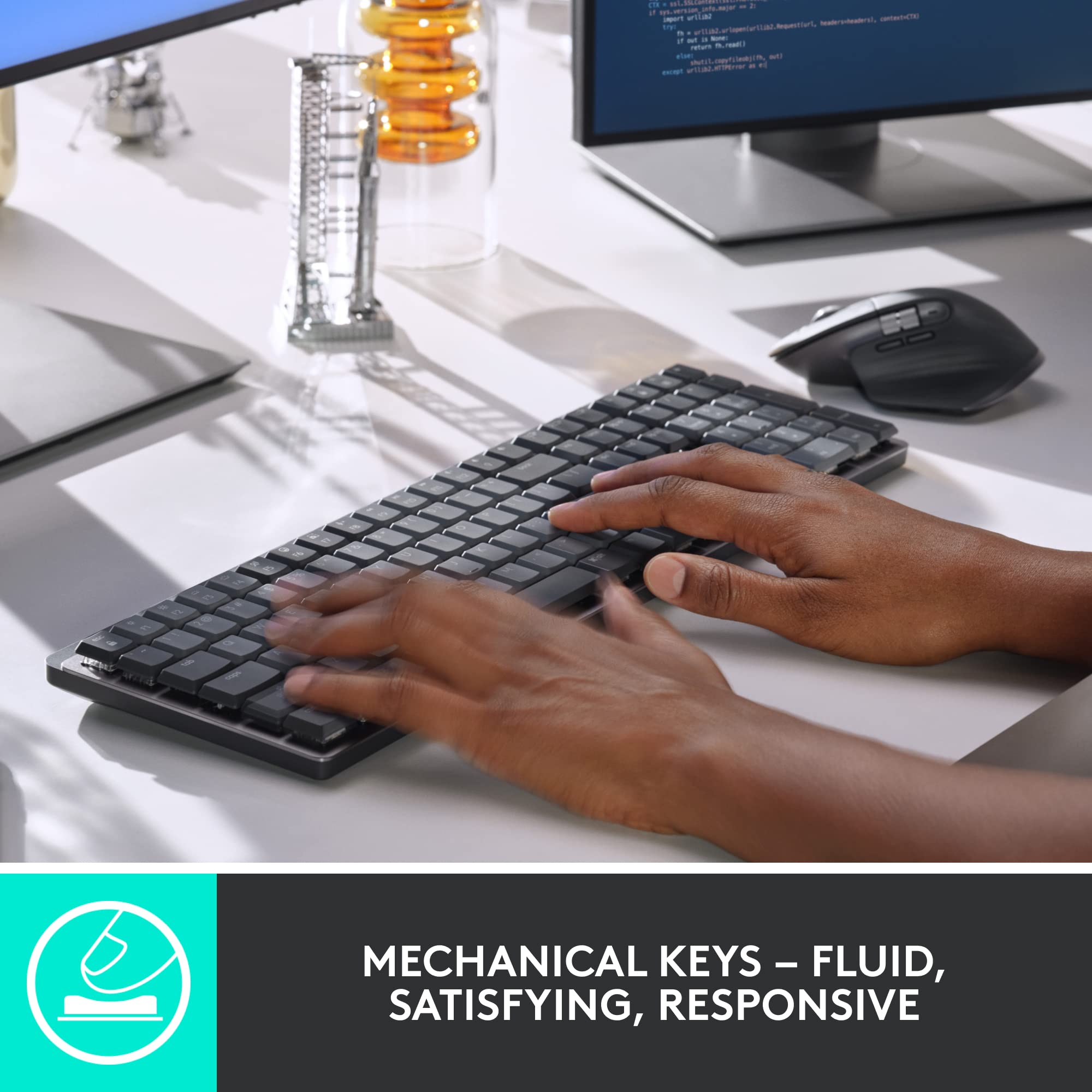 Logitech MX Mechanical Wireless Keyboard - Tactile Quiet Switches, Backlit Keys, Bluetooth/USB-C, Compatible with macOS, Windows, Linux, iOS & Android - Premium Metal Design in Graphite - Perfect for Office Work, Gaming & Programming