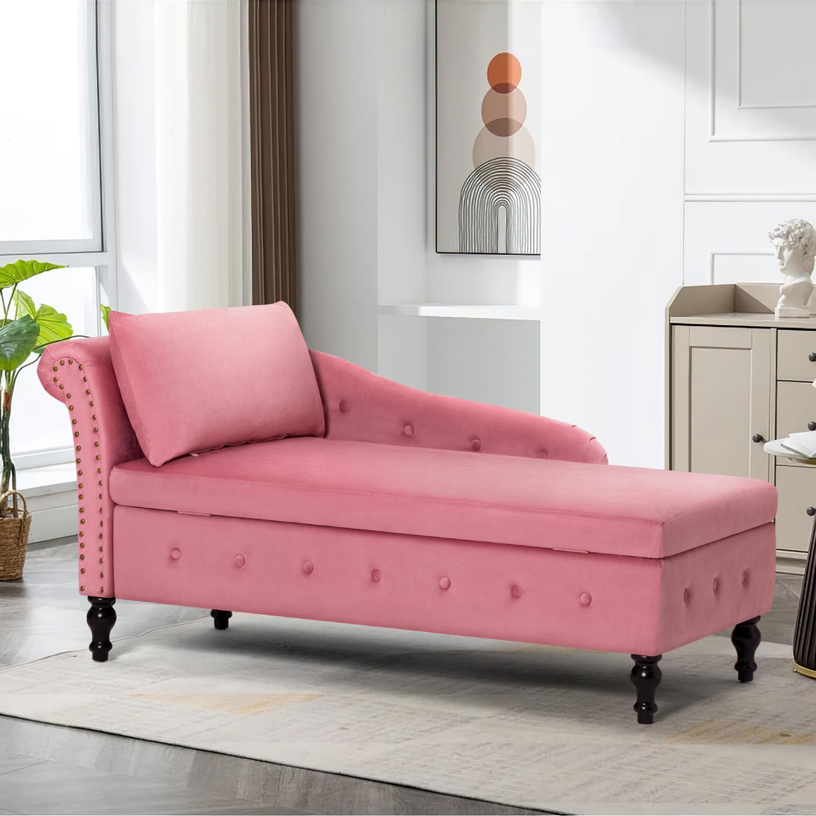Velvet Upholstered Chaise Lounge with Left Armrest & Storage Space, Button Tufted Modern Lounge Chair with Lumbar Pillow - Pink Accent Furniture for Bedroom, Living Room & Office - Perfect for Relaxing, Reading or Napping