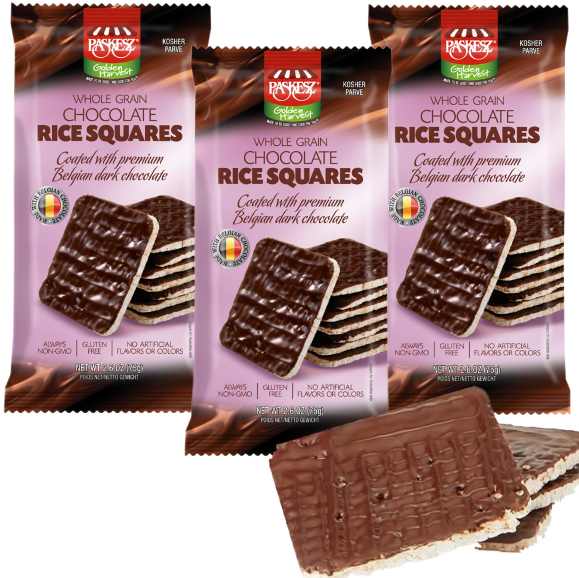 Organic Chocolate Covered Rice Cakes Squares - Whole Grain, Dairy Free, Gluten Free, Kosher Certified, Low Calorie Healthy Snacks (2.6oz, Pack of 3) - Perfect for Office, School & On-The-Go Energy Boost