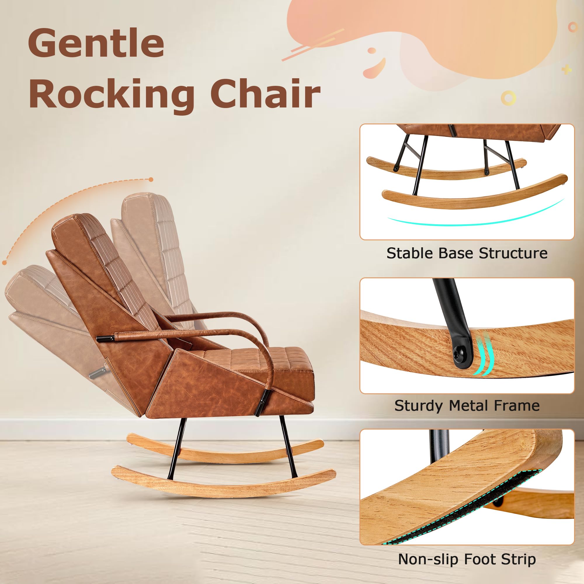 VECELO Leather Glider Rocking Chair with High Backrest - Nursery, Living Room, Bedroom & Balcony Upholstered Rocker in Brown | Perfect for Nursing, Relaxing & Reading