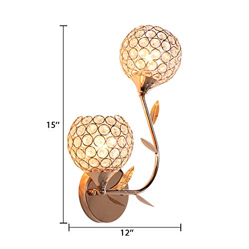 Crystal Globe Wall Sconce Lighting - 2 Light Gold Modern Fixture for Bedroom, Hotel & Hallway | Contemporary Style Clear Glass Night Light for Restaurants & Living Spaces