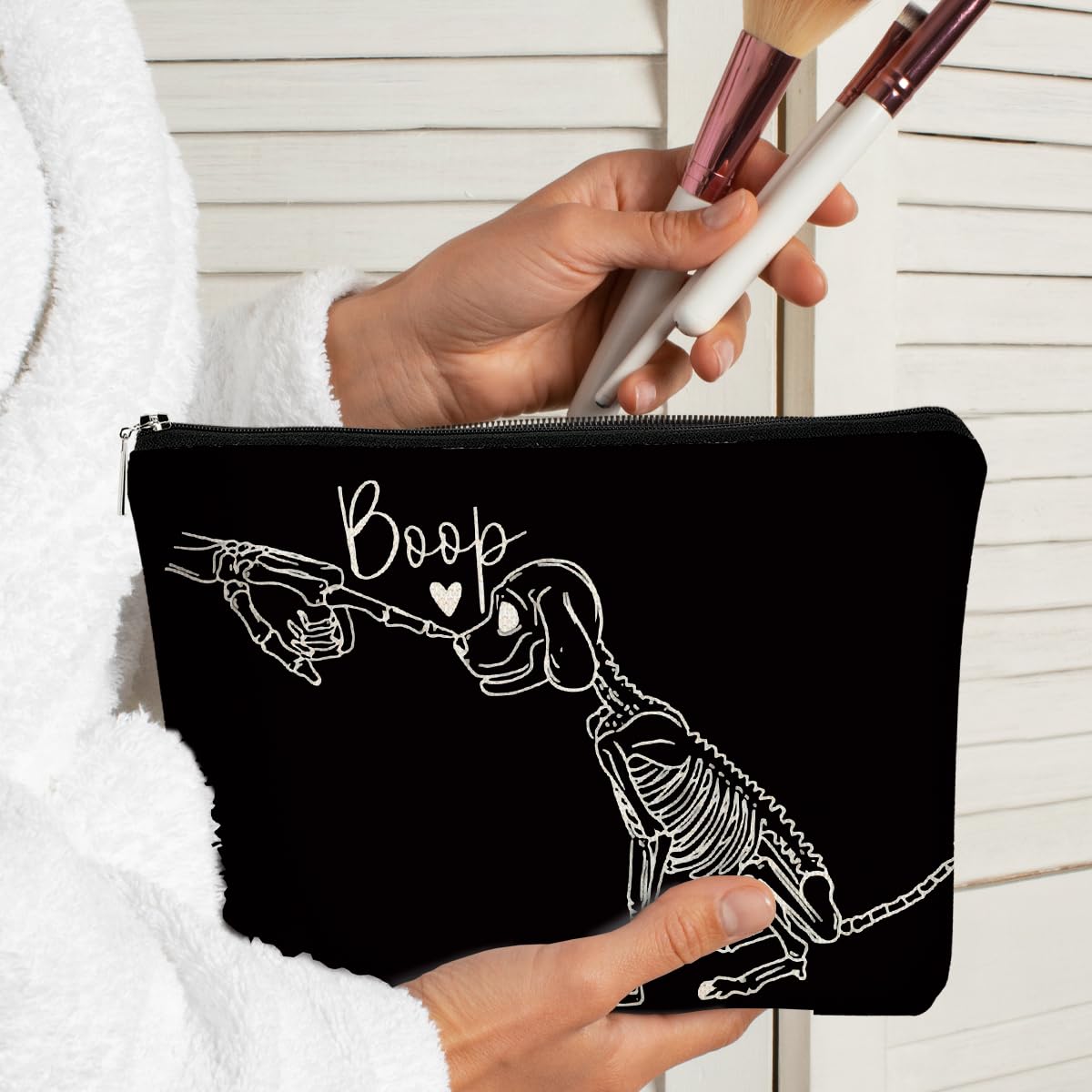 Halloween Dog Makeup Bag - Cute Skeleton Cosmetic Purse for Women, Boo Basket Gift for Dog Lovers, Funny Halloween Accessories for Parties & Trick or Treat