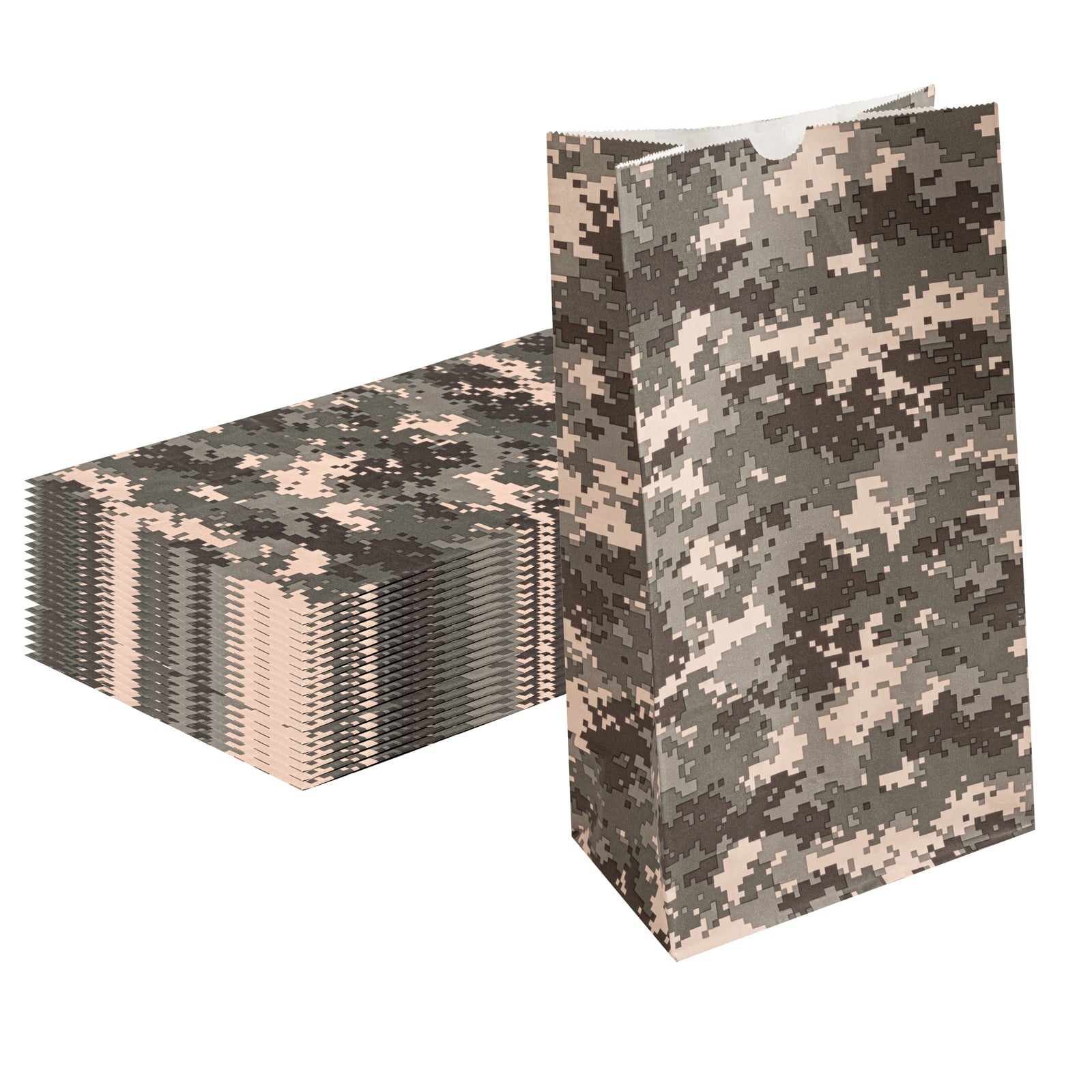 Camouflage Paper Bags 12 lb - 7 x 4.25 x 12.5 Inches - Pack of 100 - Heavy Duty Kraft Gift Bags for Parties, Shopping & Eco-Friendly Packaging