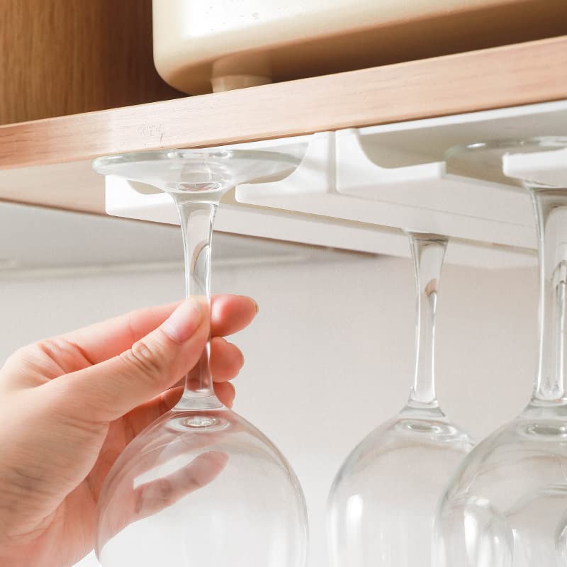 Under Cabinet Wine Glass Holder Rack - 2 Pack Stemware Storage Hanger, Self-Adhesive Plastic Organizer for Bar, Kitchen & Dining Room - No Drilling Required (White) - Perfect for Home Bars, Wine Cellars & Small Space Organization