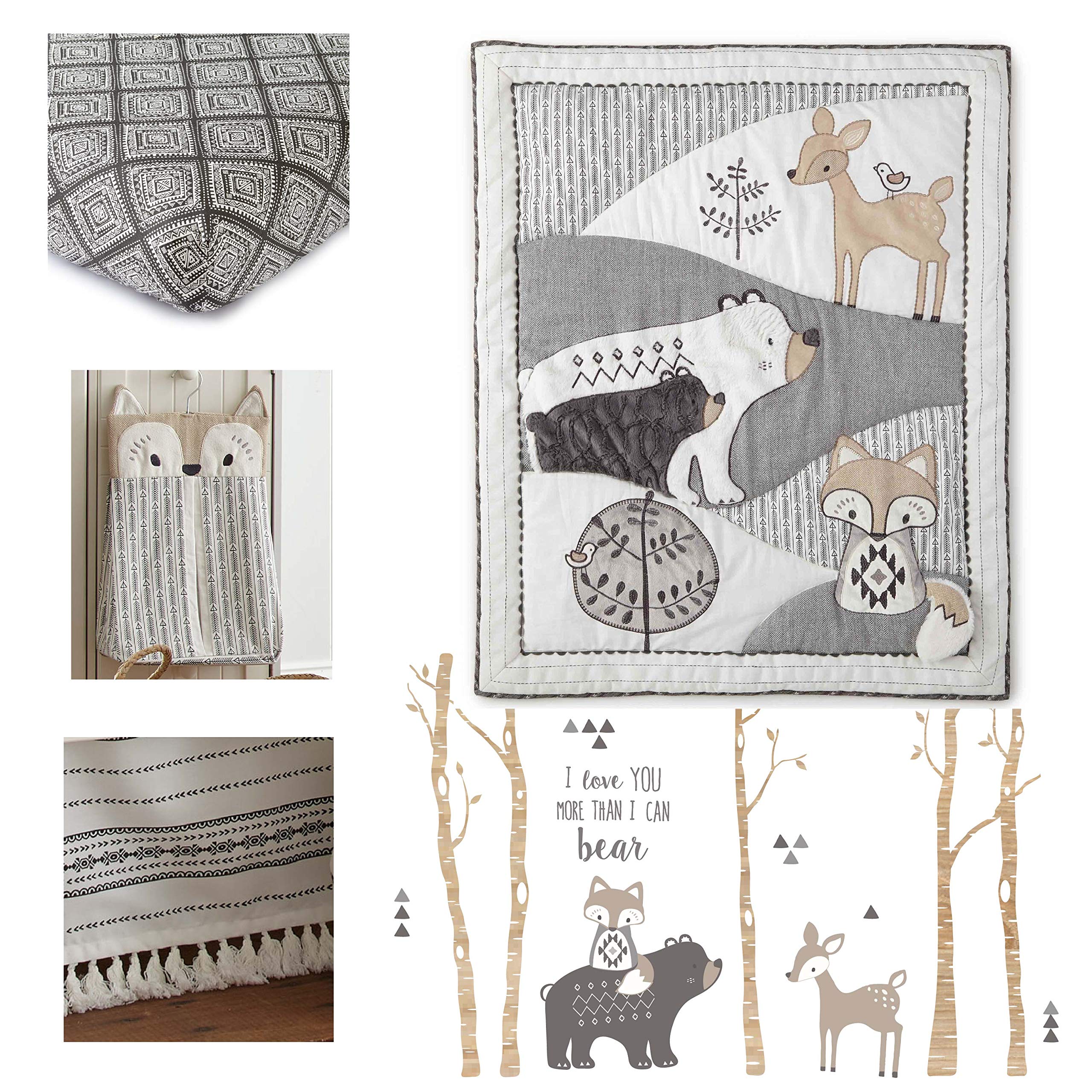 Levtex Baby Bailey 5-Piece Neutral Forest Crib Bedding Set - Charcoal, Taupe & White Nursery Collection with Quilt, Fitted Sheet, Diaper Stacker, Wall Decal & Dust Ruffle - Perfect for Gender-Neutral Nursery Decor & Baby Shower Gifts