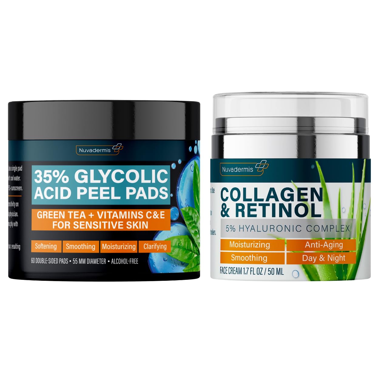 Collagen & Retinol Cream with 35% Glycolic Acid Pads - Anti-Aging Face Moisturizer for Day & Night Use - Wrinkle Reduction & Exfoliating Treatment - 60 Double-Sided Facial Peel Wipes - Perfect for Skincare Routine, Travel & On-the-Go Use