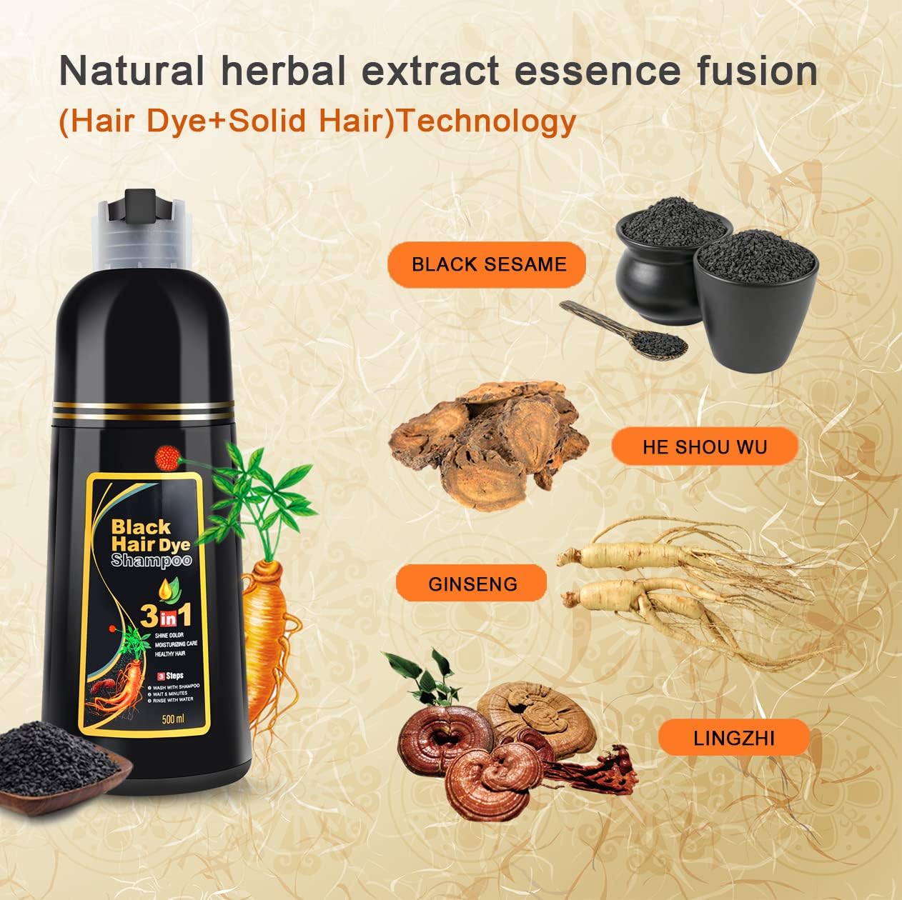 Lobe Miracle Herbal 3-in-1 Instant Black Hair Dye Shampoo for Women & Men - 500ml Natural Gray Hair Coverage in 15-20 Minutes | Herbal Hair Color Treatment for Quick Root Touch-Up & Full Head Coloring at Home