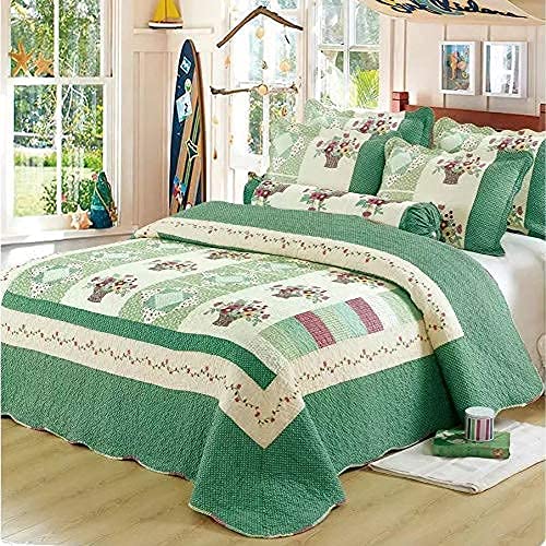 Double Quilted Cotton Bedspread Set - 3 Piece Patchwork Quilt Coverlet with Pillowcases | Rustic Farmhouse Style Bedding for Summer & Air Conditioned Rooms (230x250cm + 2x50x70cm) - Perfect for Guest Rooms, Dorm Decor & Cozy Bedroom Makeovers
