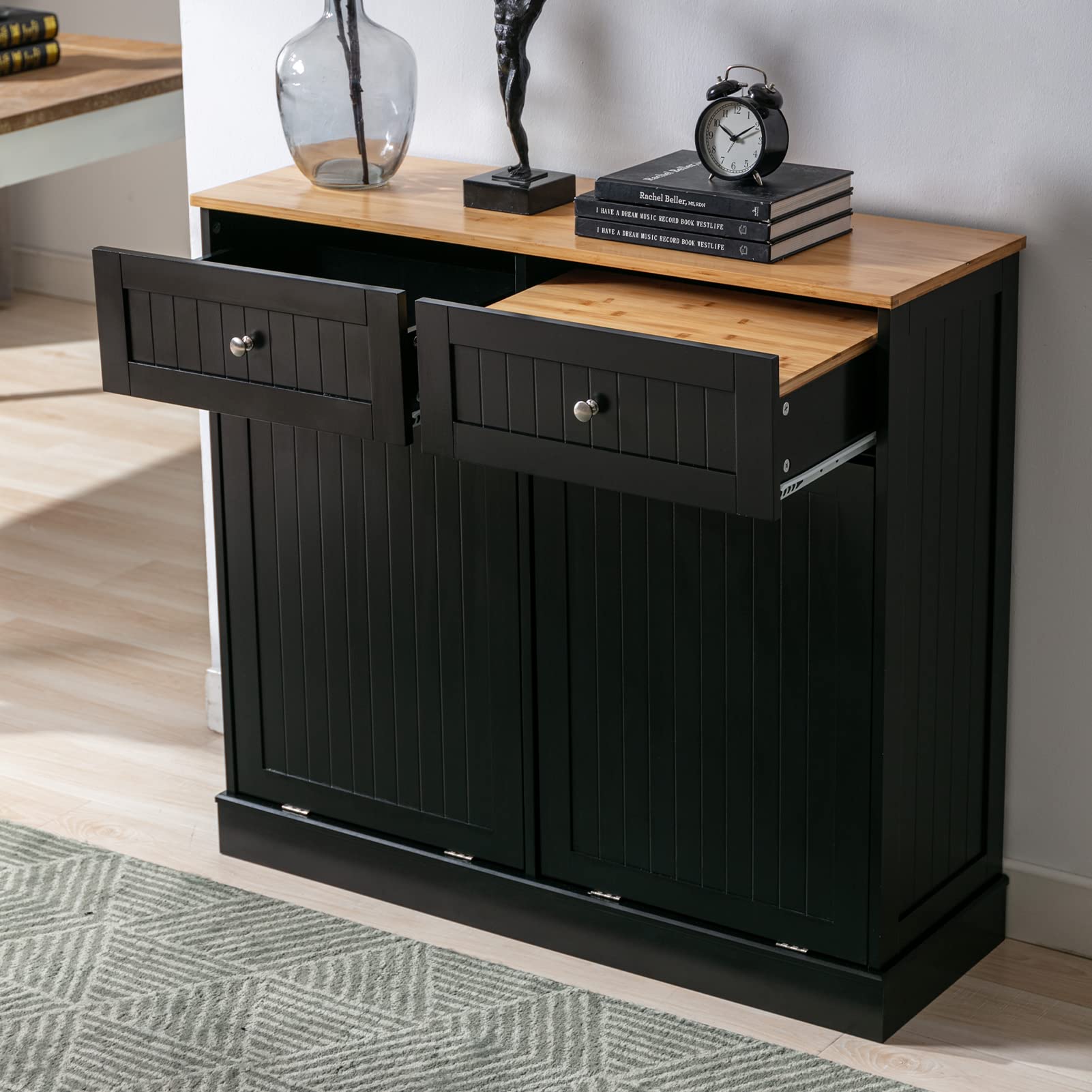 Gitua Freestanding Trash Cabinet with Tilt-Out Drawer - Pet Proof Kitchen Waste Bin & Laundry Hamper with Built-in Cutting Board - Wooden Recycling Station & Hideaway Trash Holder (2 Drawers, Black) - Perfect for Kitchens, Laundry Rooms & Small Spaces