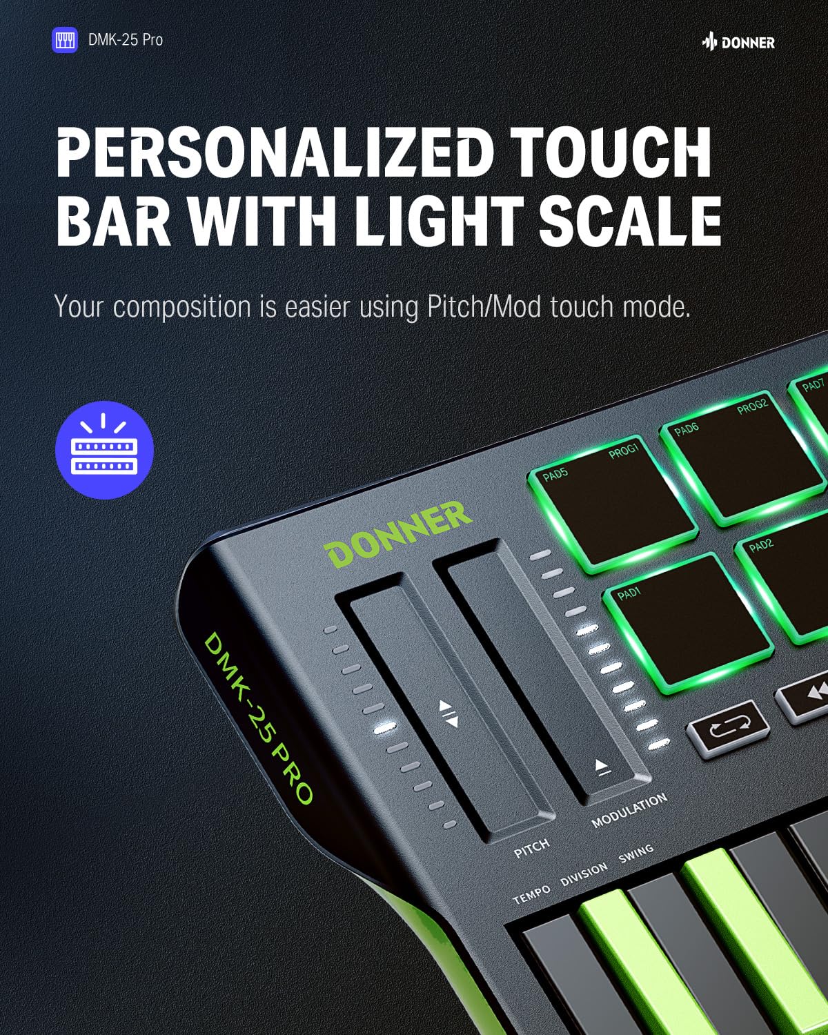 Donner DMK25 Pro 25-Key MIDI Keyboard Controller with USB-C, 8 Drum Pads & OLED Display - Portable Music Production Keyboard for Beginners with Touch Bar, Software & 40 Lessons - Perfect for Home Studio & Live Performances (Green)