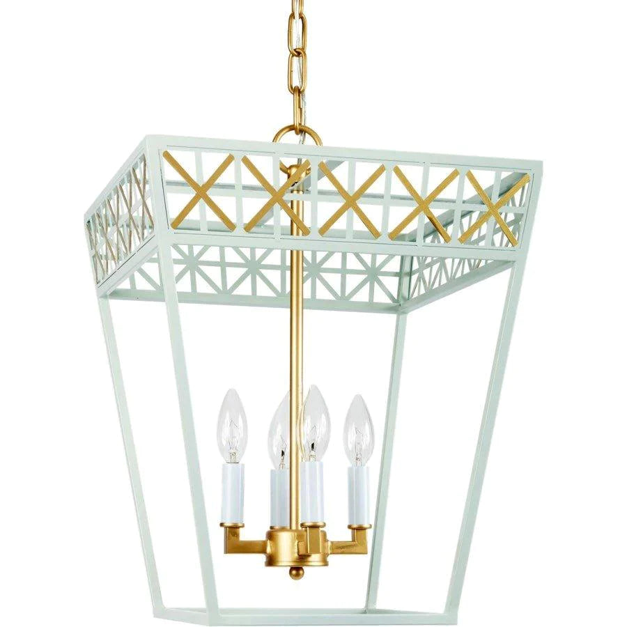 Vintage Blue and Gold 4-Light Tole Candlestick Lantern - Rustic Farmhouse Decor for Dining Room, Patio, or Wedding Centerpiece