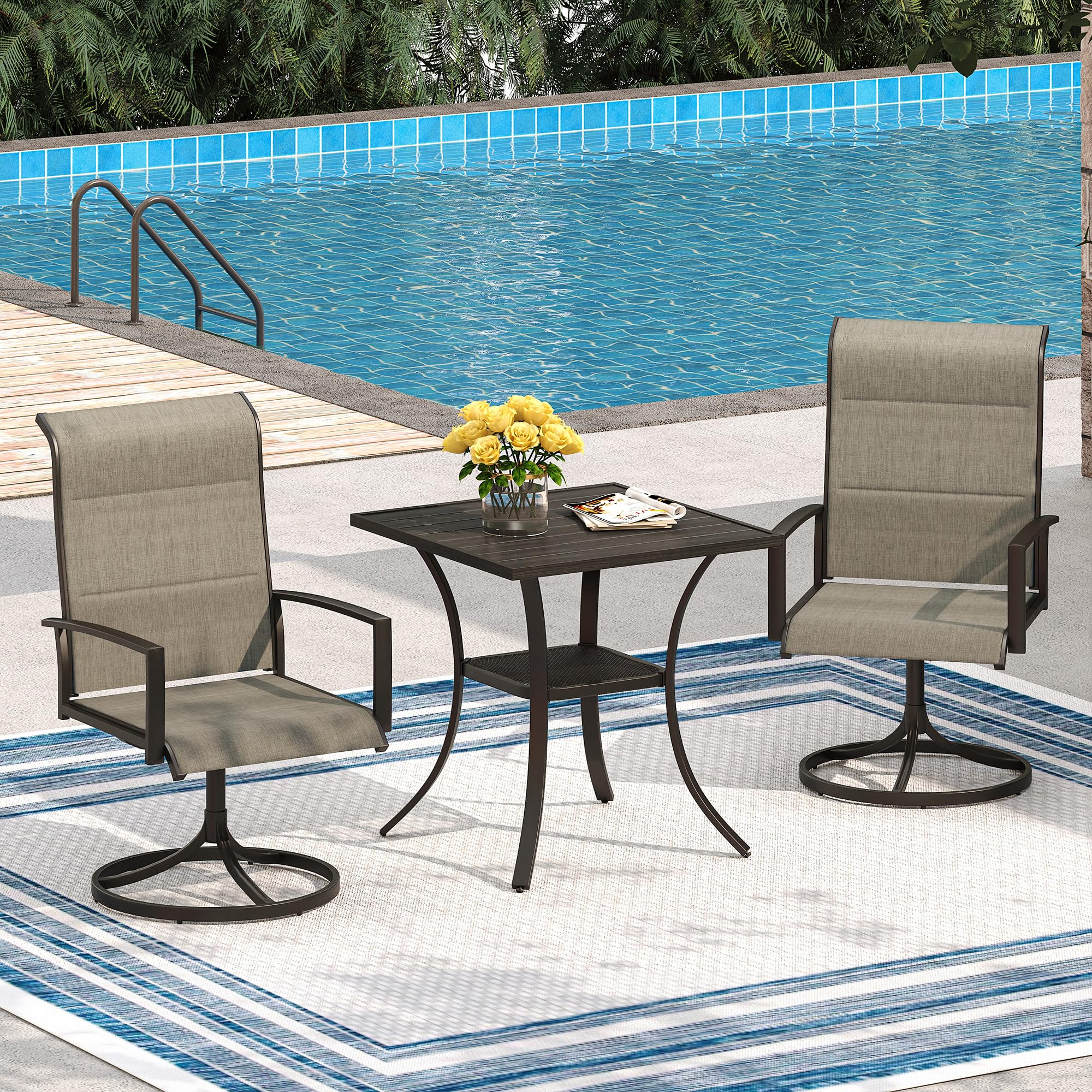 VICLLAX 3-Piece Outdoor Bistro Set - Small Patio Dining Table with 2 Padded Swivel Chairs - Compact Balcony Furniture for Small Spaces - Perfect for Coffee, Breakfast or Relaxing in Your Garden, Deck or Backyard