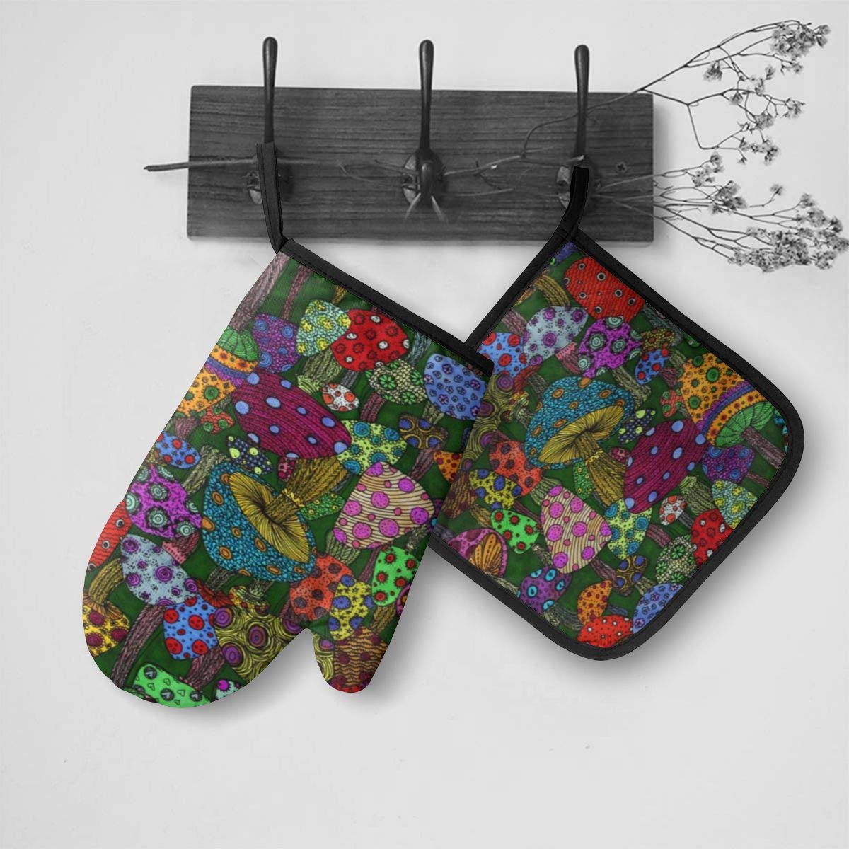 Forest Mushroom Art Oven Mitts and Potholders Set - Heat Resistant & Waterproof Kitchen Gloves for Baking, Cooking & Grilling - Perfect for Home Chefs & Holiday Gifts (2-Piece)