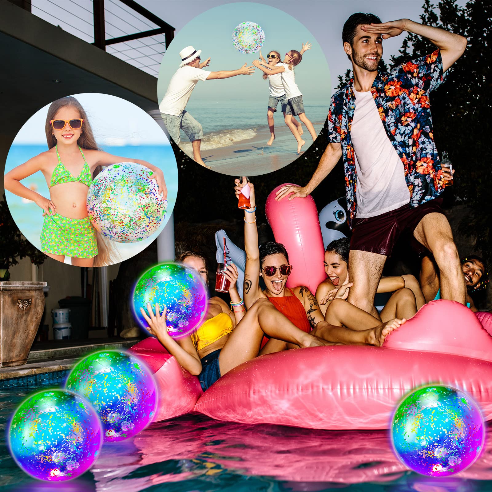 16 Pack LED Light Up Beach Balls with Confetti Glitters - 9 Inch Inflatable Glow in The Dark Pool Toys for Summer Parties, Teens & Adults - Perfect for Night Swimming, Pool Parties & Beach Events (Colorful)