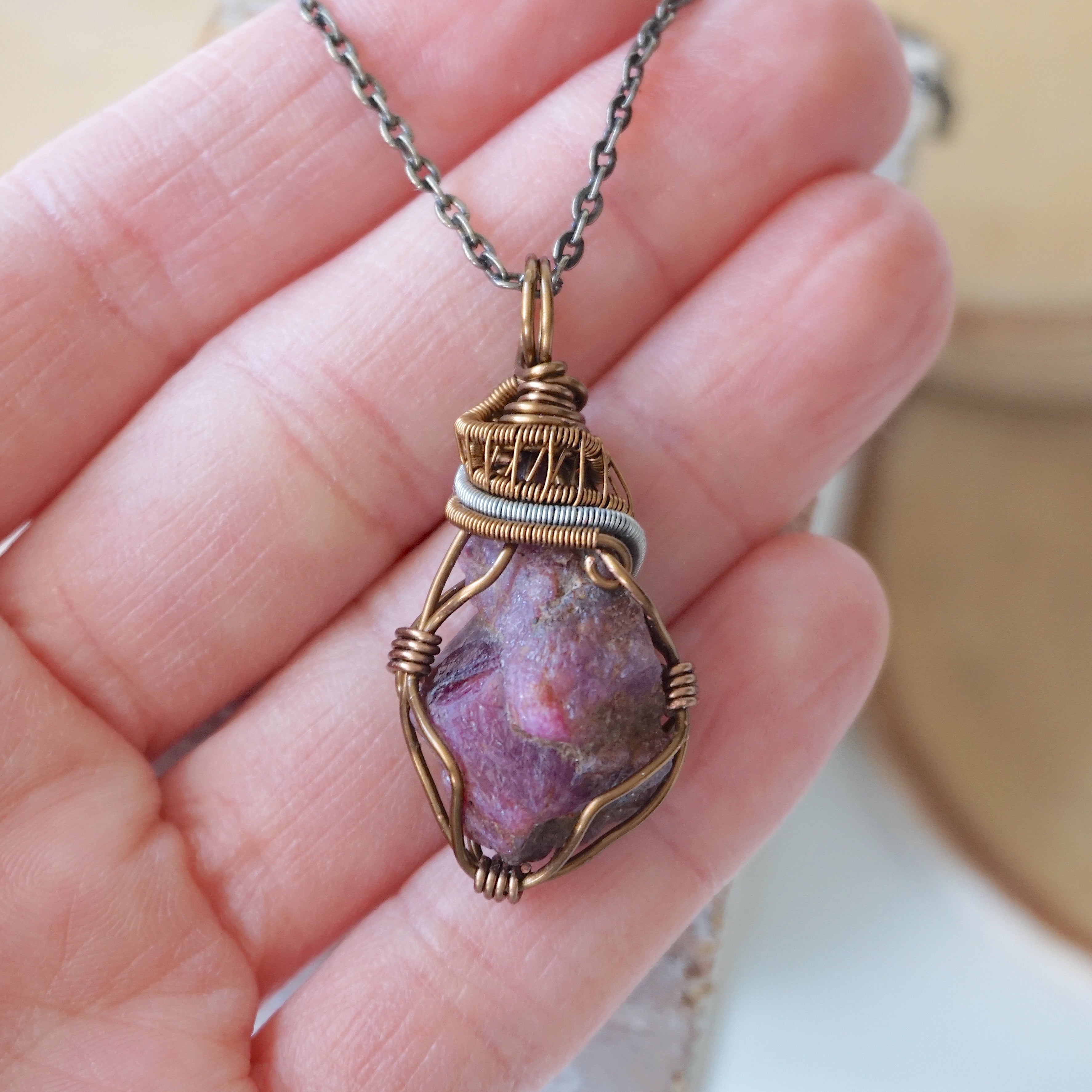 Raw Ruby Necklace in Mixed Wire Antique Bronze - Elegant Bohemian Jewelry for Women, Perfect for Weddings, Parties & Everyday Wear