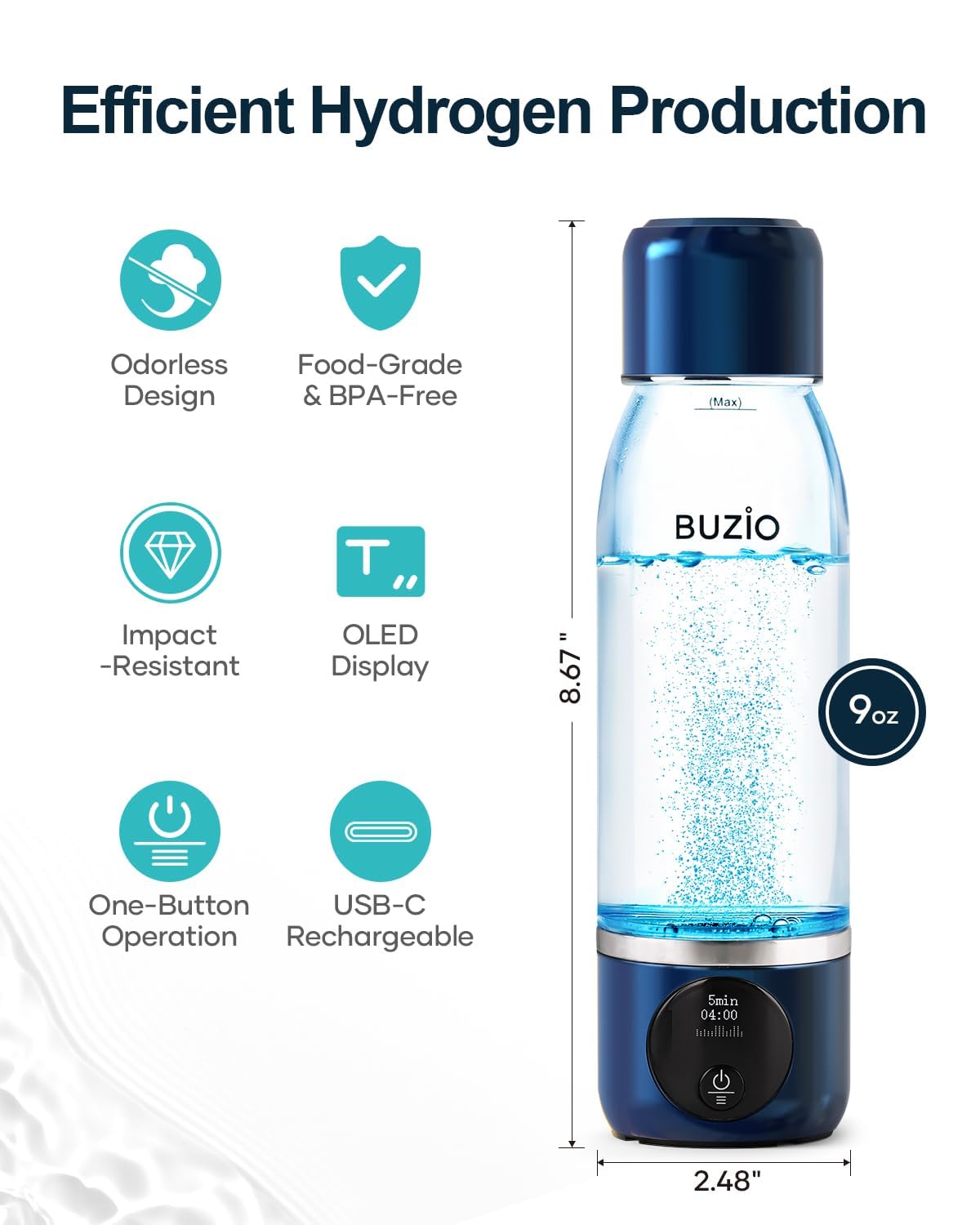BUZIO 3800ppb Hydrogen Water Bottle Generator with Gen5 SPE/PEM Technology - Portable Alkaline Water Bottle for Athletic Performance, DuPont Membrane & OLED Display - Perfect for Gym, Hiking and Daily Hydration