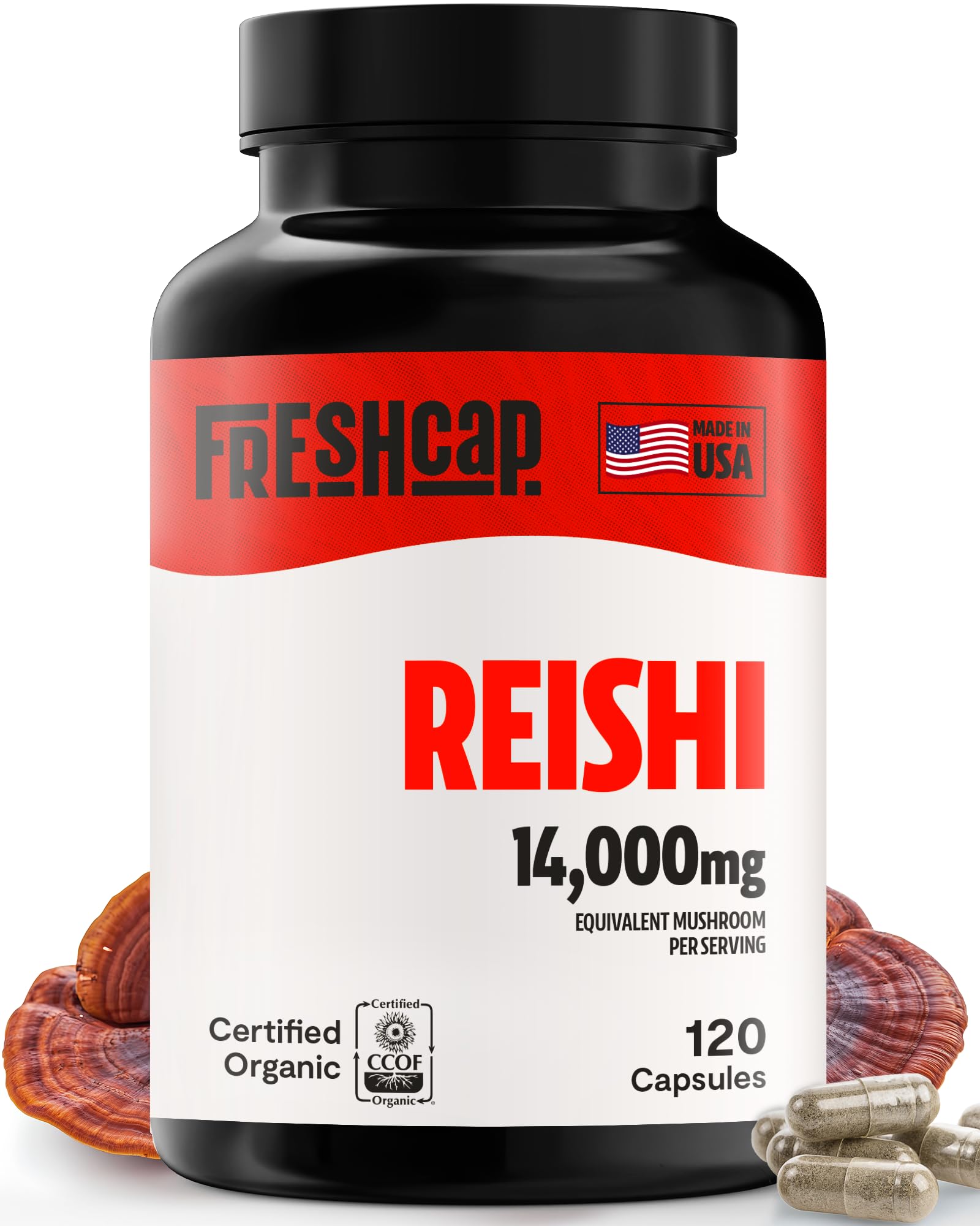 FreshCap Reishi Mushroom Supplement 14,000mg - Organic Reishi Mushroom Capsules with Mushroom Extract & Herbal Blend, Ayurvedic Nootropic Red Reishi for Immune Support & Stress Relief (120 Capsules) - Perfect for Daily Wellness & Cognitive Enhancement