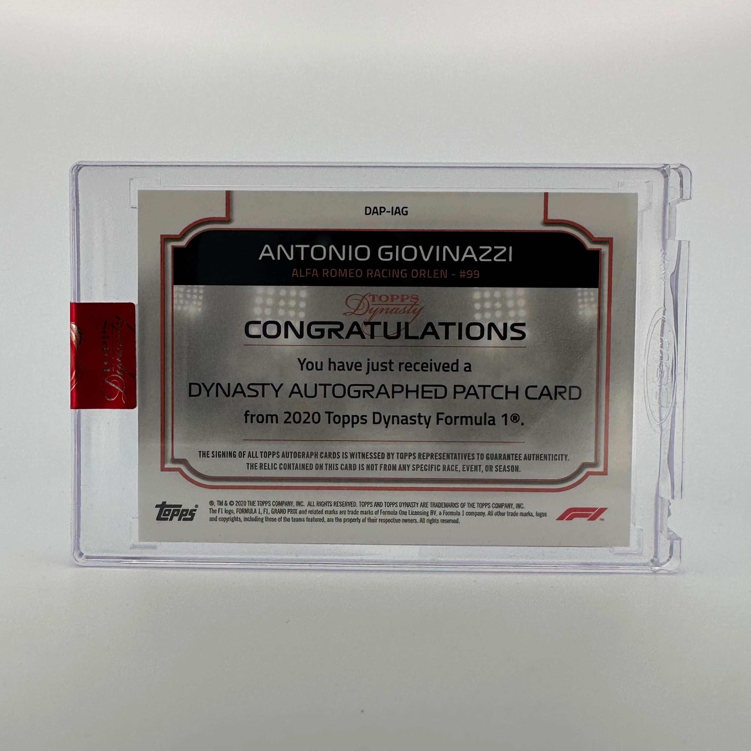 2020 Topps Dynasty F1 Antonio Giovinazzi #DAP IAG Silver Auto Patch Single Card - Collectible Racing Memorabilia for F1 Fans and Sports Card Enthusiasts