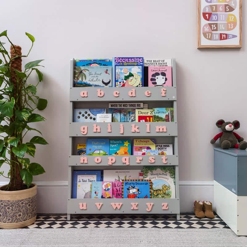 Tidy Books® Gray ABC Bookshelf for Kids (Ages 0-10) - Front Facing Book Display, Eco-Friendly, Handmade Nursery Bookshelf with Pink Alphabet | Perfect for Bedrooms, Playrooms & Montessori Classrooms Since 2004
