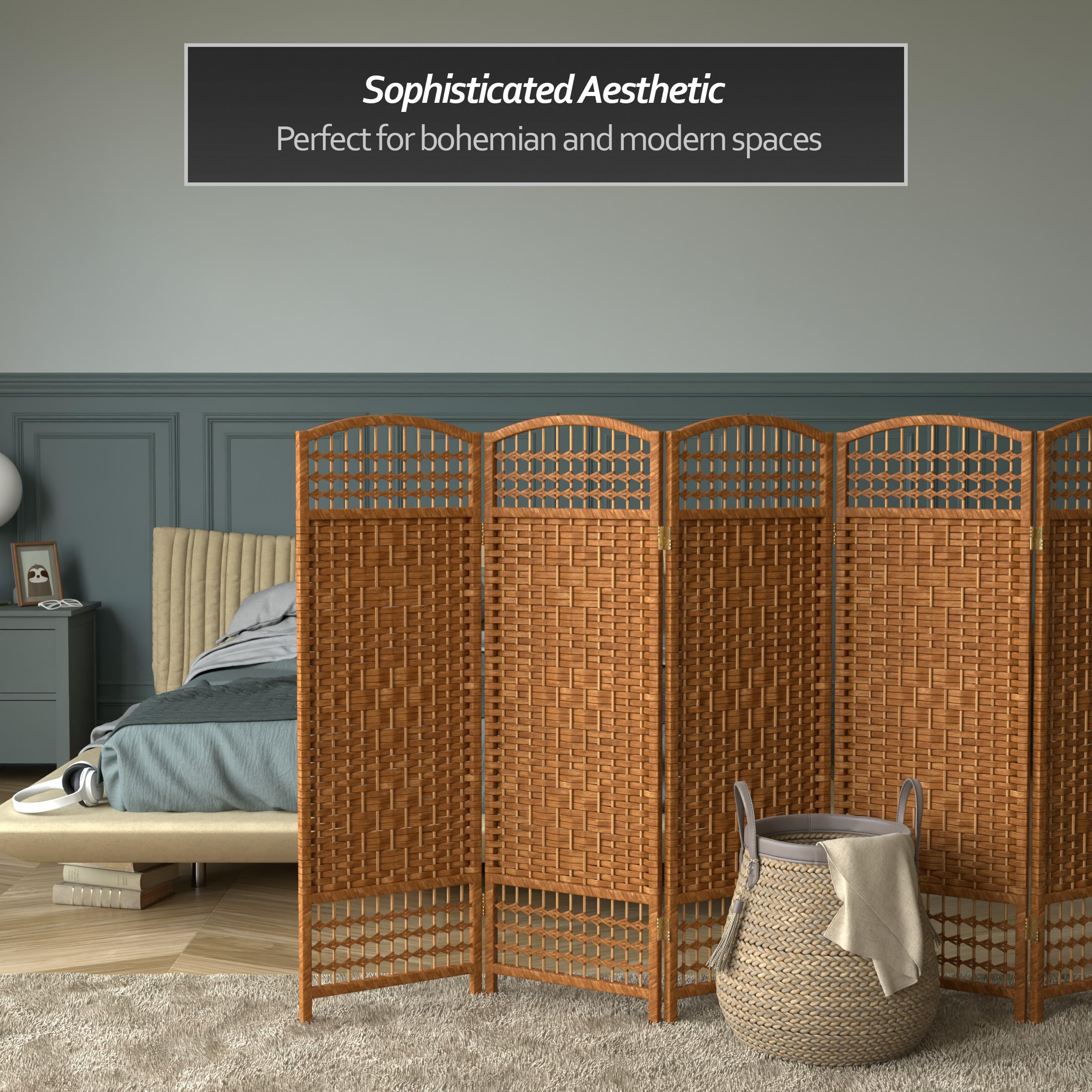 4 ft. Short Fiber Weave Folding Room Divider - Dark Beige 6-Panel Privacy Screen for Home, Office & Events | Space Separator for Living Room, Bedroom & Wedding Decor