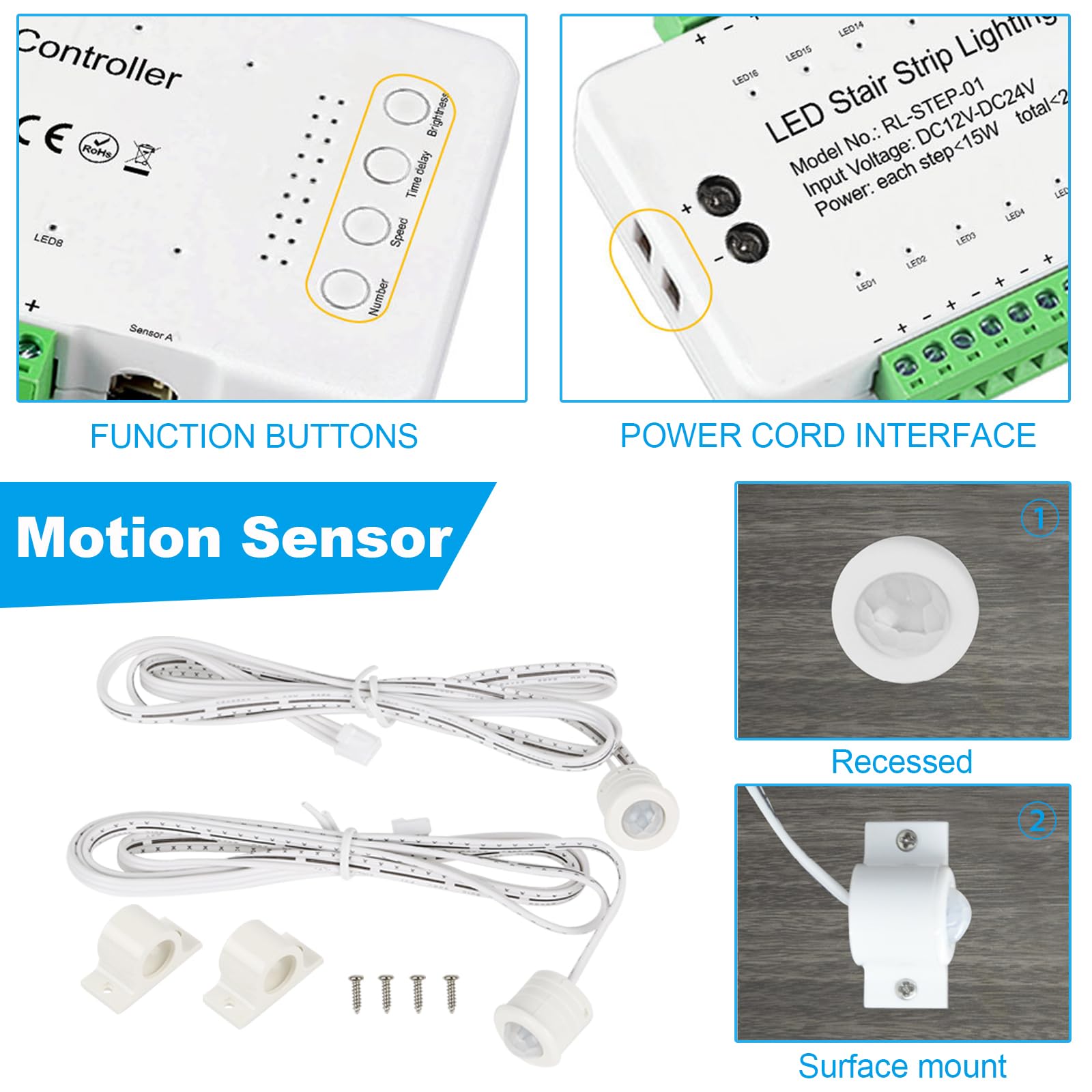 Smart Motion Sensor LED Stair Lights - Indoor COB LED Strip Lighting for Staircases, Under Step Tread Lights with Main Wire (16 Steps) - Perfect for Home Safety, Nighttime Navigation, and Modern Staircase Decor