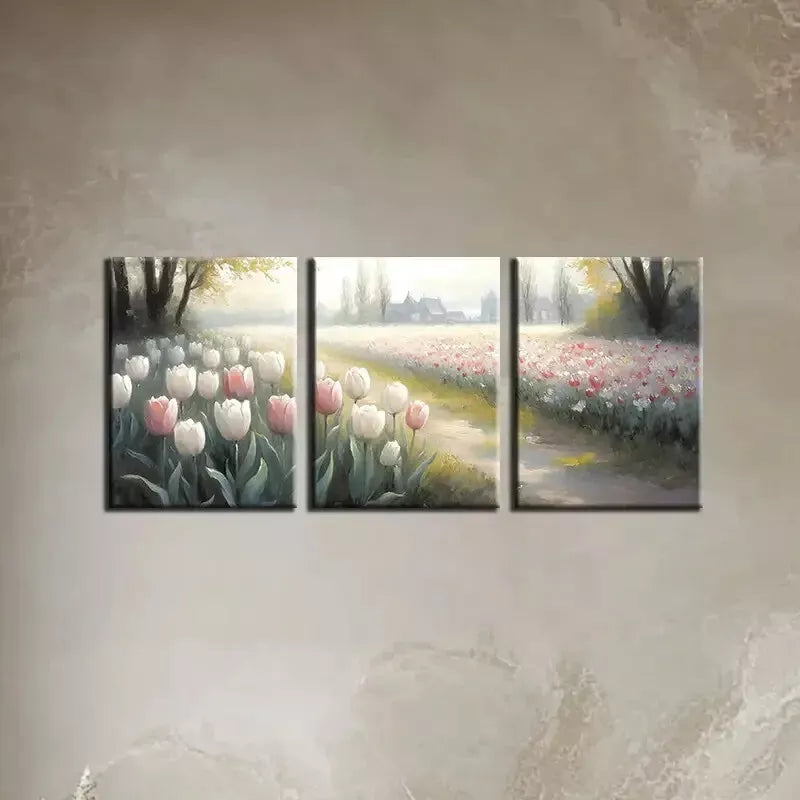 3-Piece Tulip Field with Building Painting Wall Art Set - Framed Canvas 50x70cm - High Quality Print - Ready to Hang - Australian Made - Perfect for Living Room, Bedroom & Office Decor