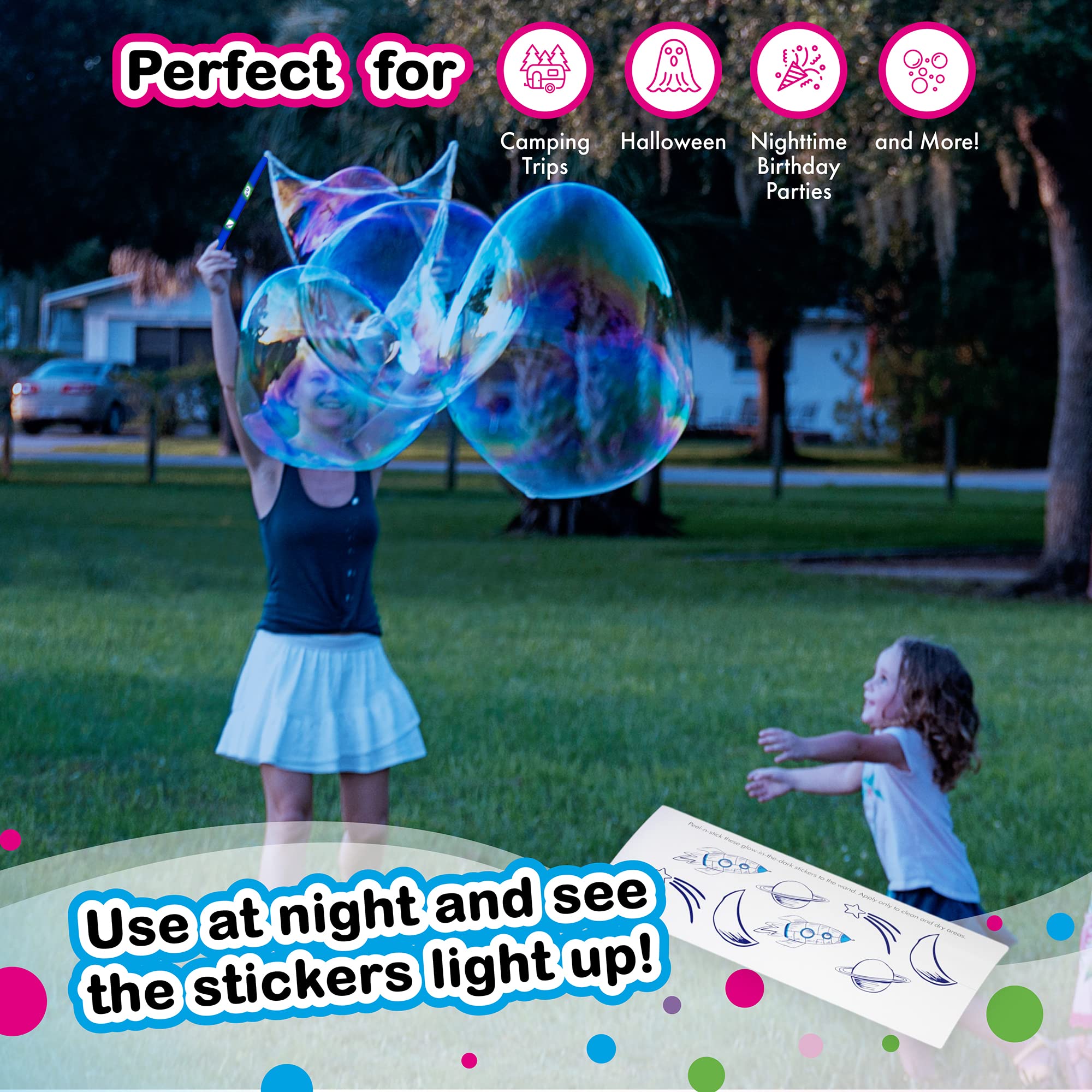 WOWMAZING Giant Bubble Kit for Kids - Space Theme with Wand, 2 Big Bubble Concentrate Pouches & 8 Glow-in-The-Dark Stickers | Outdoor Party, Birthday, Backyard Fun | Made in USA | STEM Learning Toy for Boys & Girls