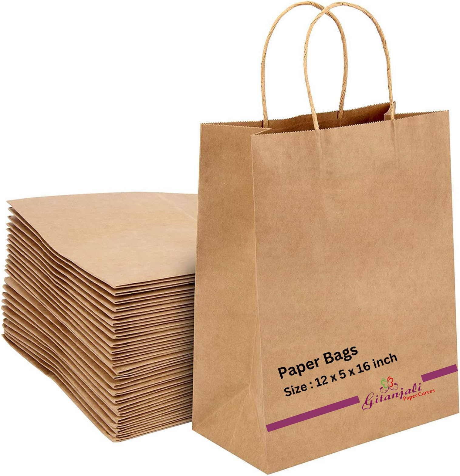 Eco-Friendly Kraft Paper Bags 12x5x16 Inches (25 Pack) - Brown Disposable Shopping Bags for Retail, Grocery, Takeout & Gift Packaging | Sustainable Carry Bags for Stores, Parties & Eco-Conscious Businesses