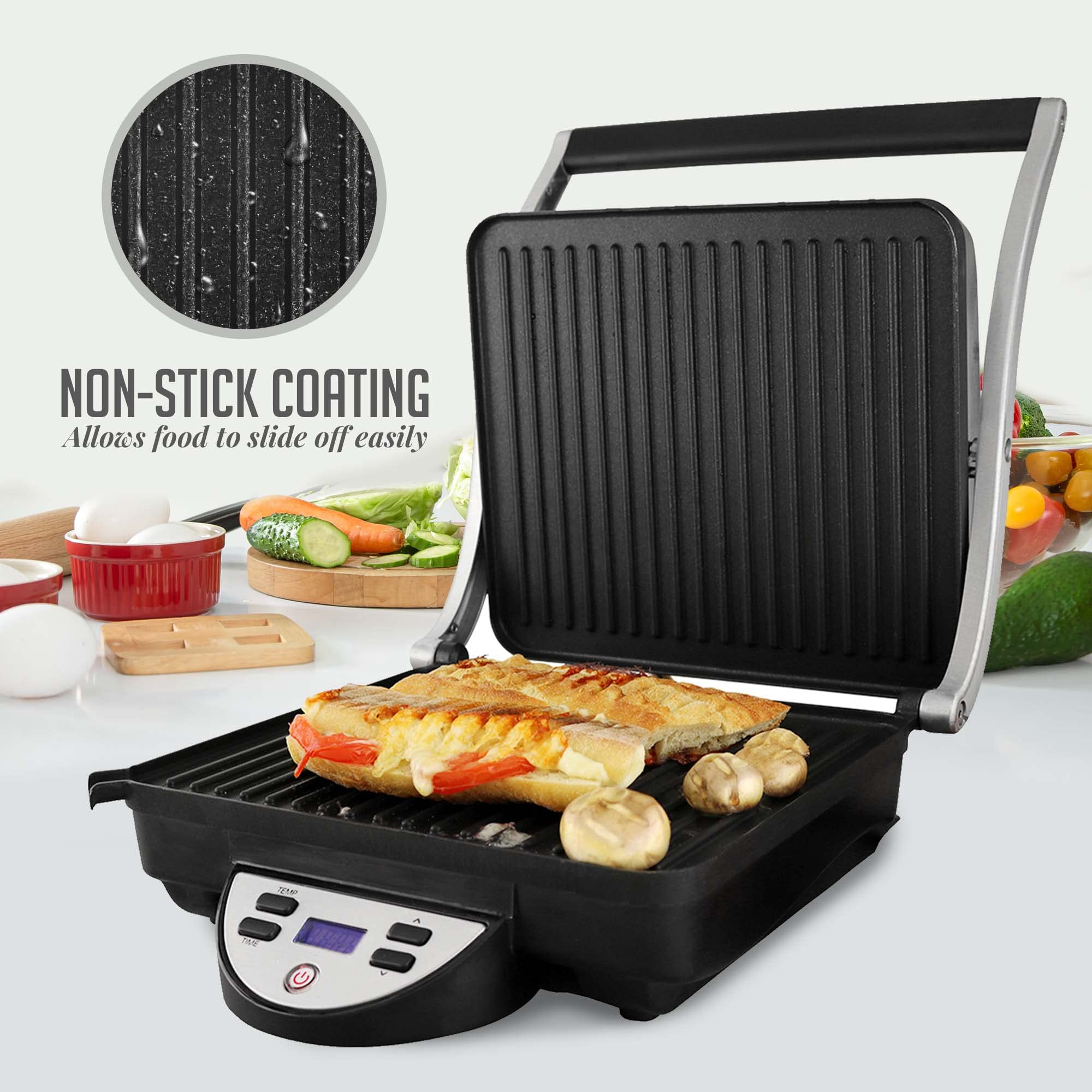 OVENTE 1500W Electric Panini Press Sandwich Maker - Nonstick Indoor Grill with Digital Timer & Temperature Control, Removable Drip Tray - Perfect for 4-Slice Sandwiches, Burgers & Breakfast - Ideal for Home, Office & Camping (Silver GP1000BR)