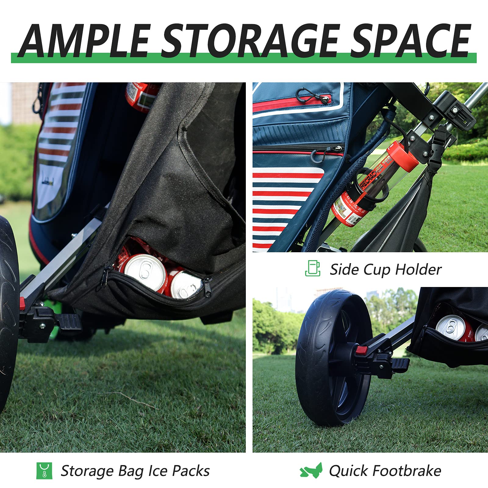 Premium 3-Wheel Golf Push Cart - Lightweight & Easy Fold Golf Pull Cart for Clubs & Bag with Scorecard Holder, Phone Mount & Storage Bag - Ideal for Course, Driving Range & Practice (Green)