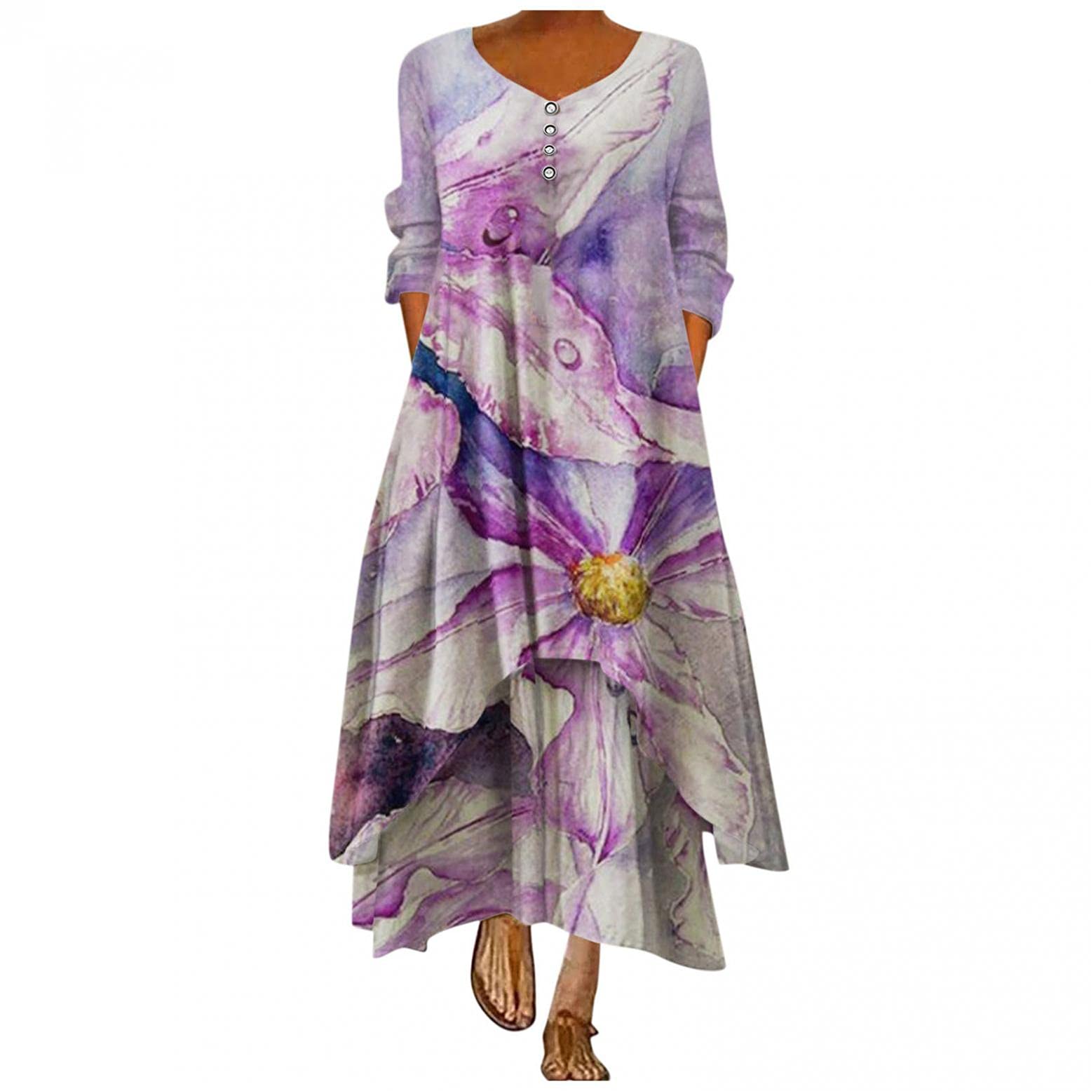 FABIURT Women's Casual Summer Floral Print V-Neck Loose Bohemian Maxi Dress - Plus Size Flowy Long Dress for Beach, Vacation & Boho Chic Outfits