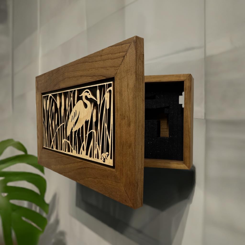 Hidden Gun Storage Cabinet with Heron in Cattails - Wall Mounted Concealed Gun Safe for Secure Firearm Storage by Bellewood Designs | Perfect for Home, Office & Cabin Security