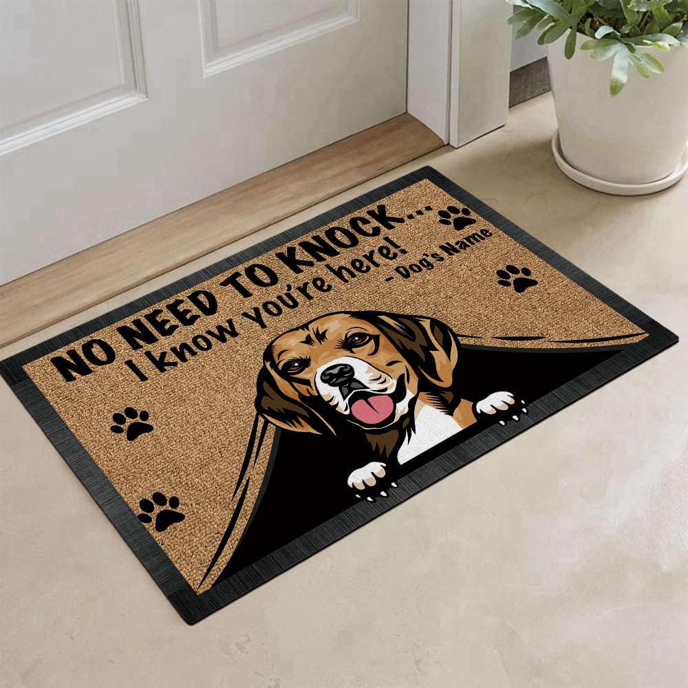 Personalized Doormat - Cute Peeking Beagle Dog Design - 'No Need to Knock I Know You're Here' - 23.6 x 15.7 Inch - Perfect for Front Door Welcome, Housewarming Gift & Pet Lover Home Decor