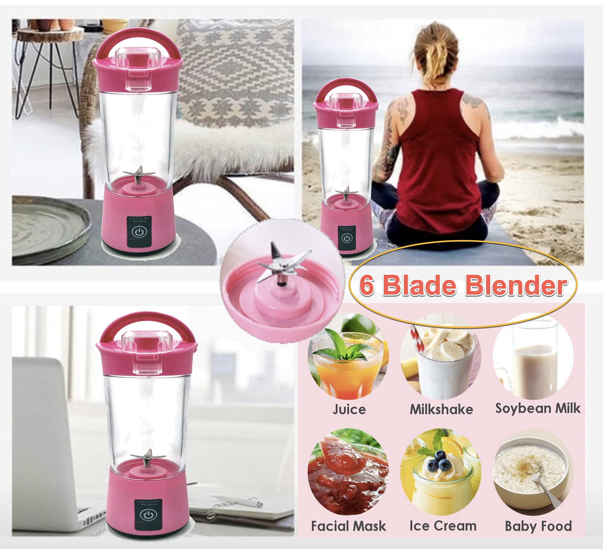 Powerful 6-Blade Personal Blender - Portable Rechargeable Smoothie Maker for Shakes, Margaritas & Baby Food - Perfect for Travel, Gym & Home Use - Great Holiday Gift 2021 (Pink)