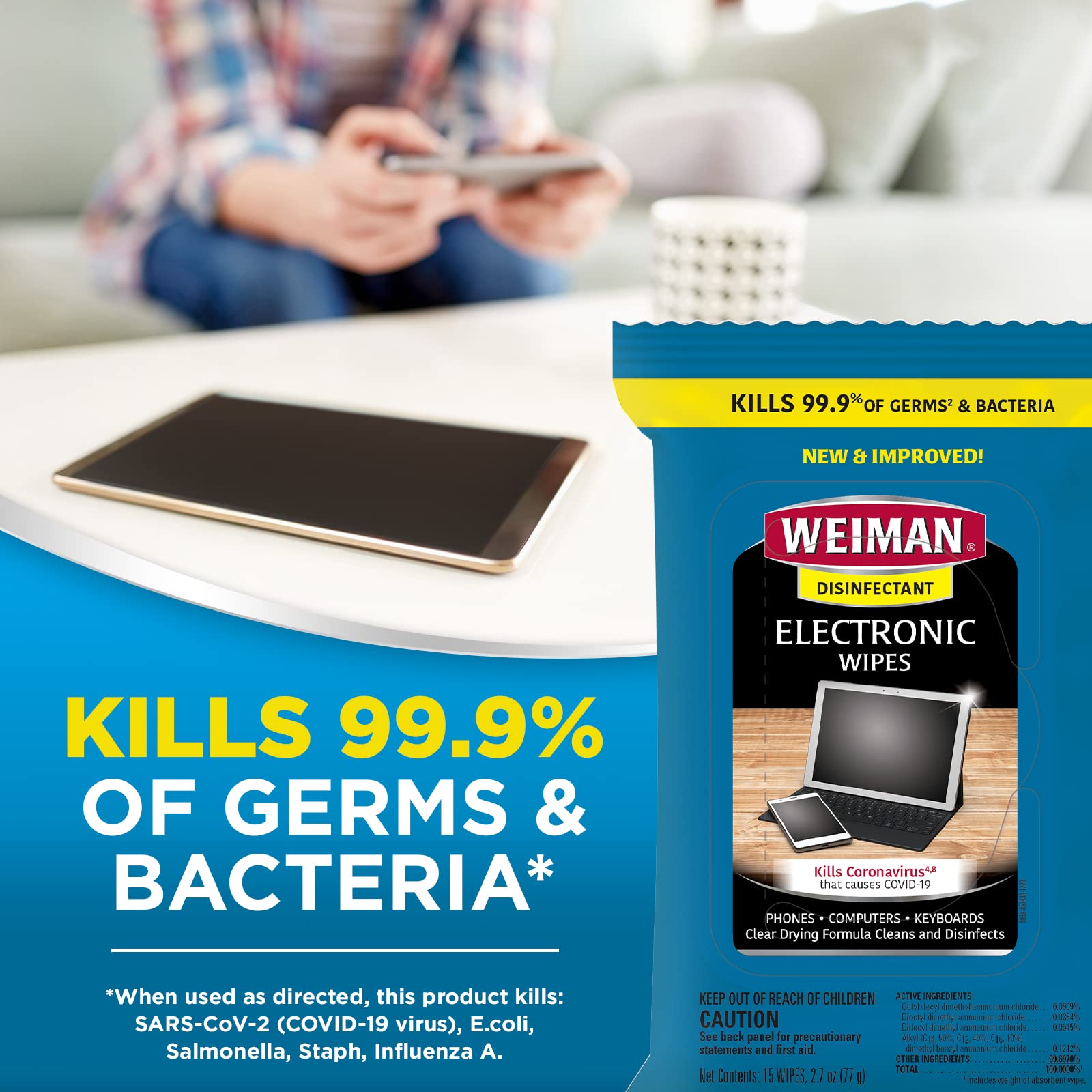 Weiman Disinfecting Electronic Wipes - Safe Cleaning for Screens, Laptops, Computers, TVs & Electronics | Antibacterial Tech Cleaning Wipes for Home, Office & School Use