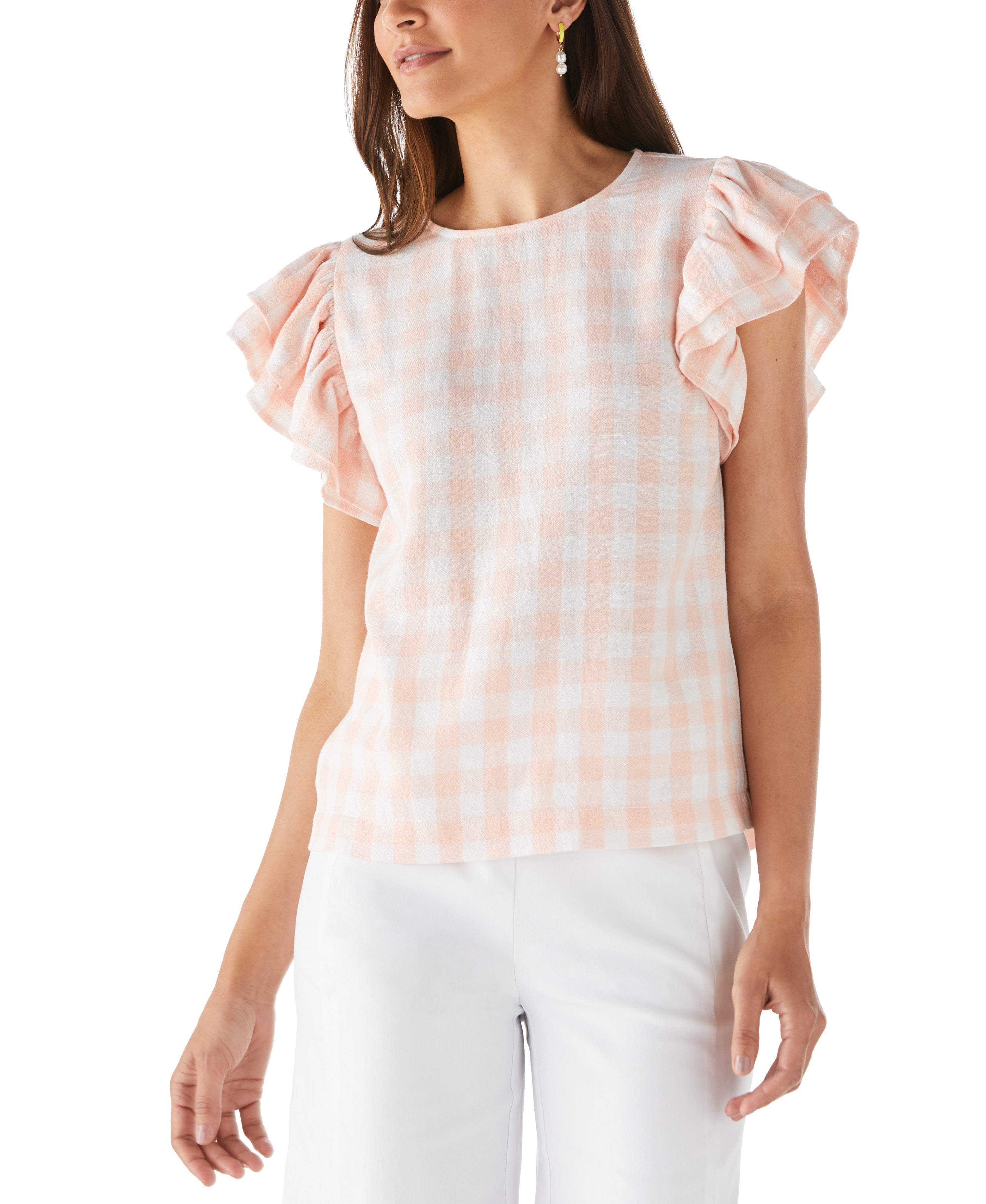Petite Linen Blend Flutter Sleeve Top for Women | Breathable Summer Blouse | Casual & Office Wear