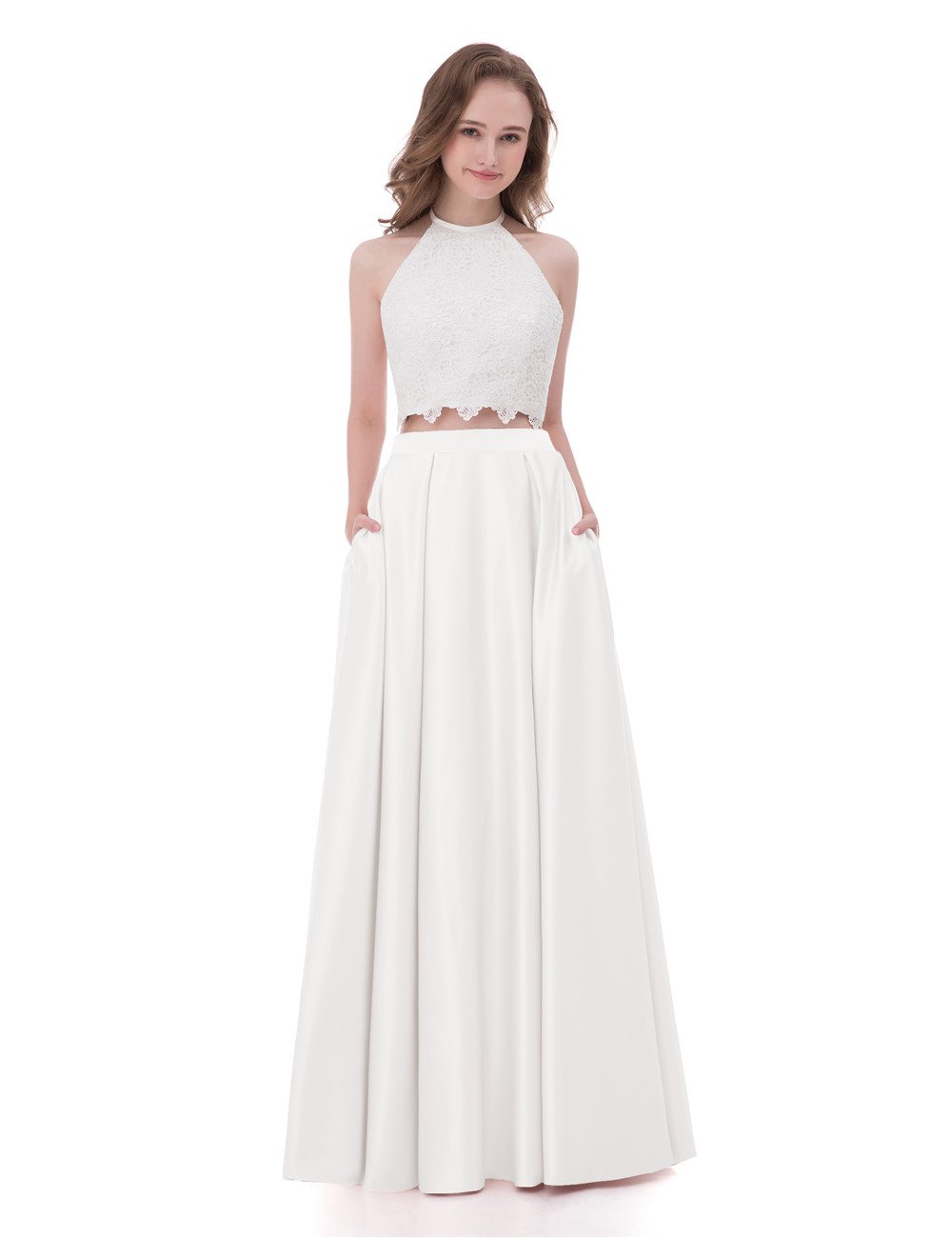 Elegant Women's Lace & Satin Halter Two-Piece Prom Dress with Pockets - Perfect for Formal Dances, Evening Parties, and Special Occasions