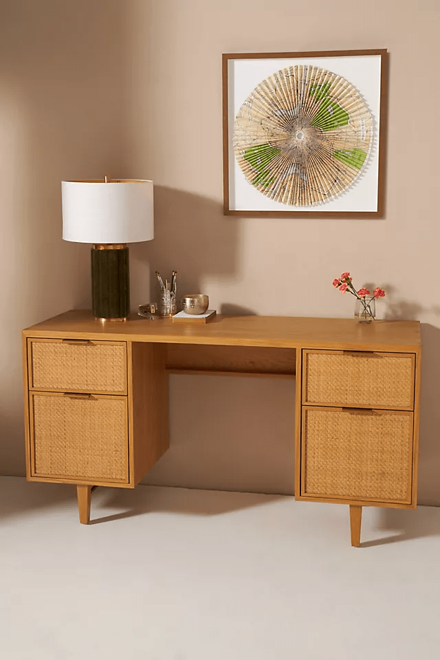Handmade Cane Desk Table - Natural Rattan Laptop Desk | Indian Boho Home Office Furniture for Small Spaces & Cozy Workstations