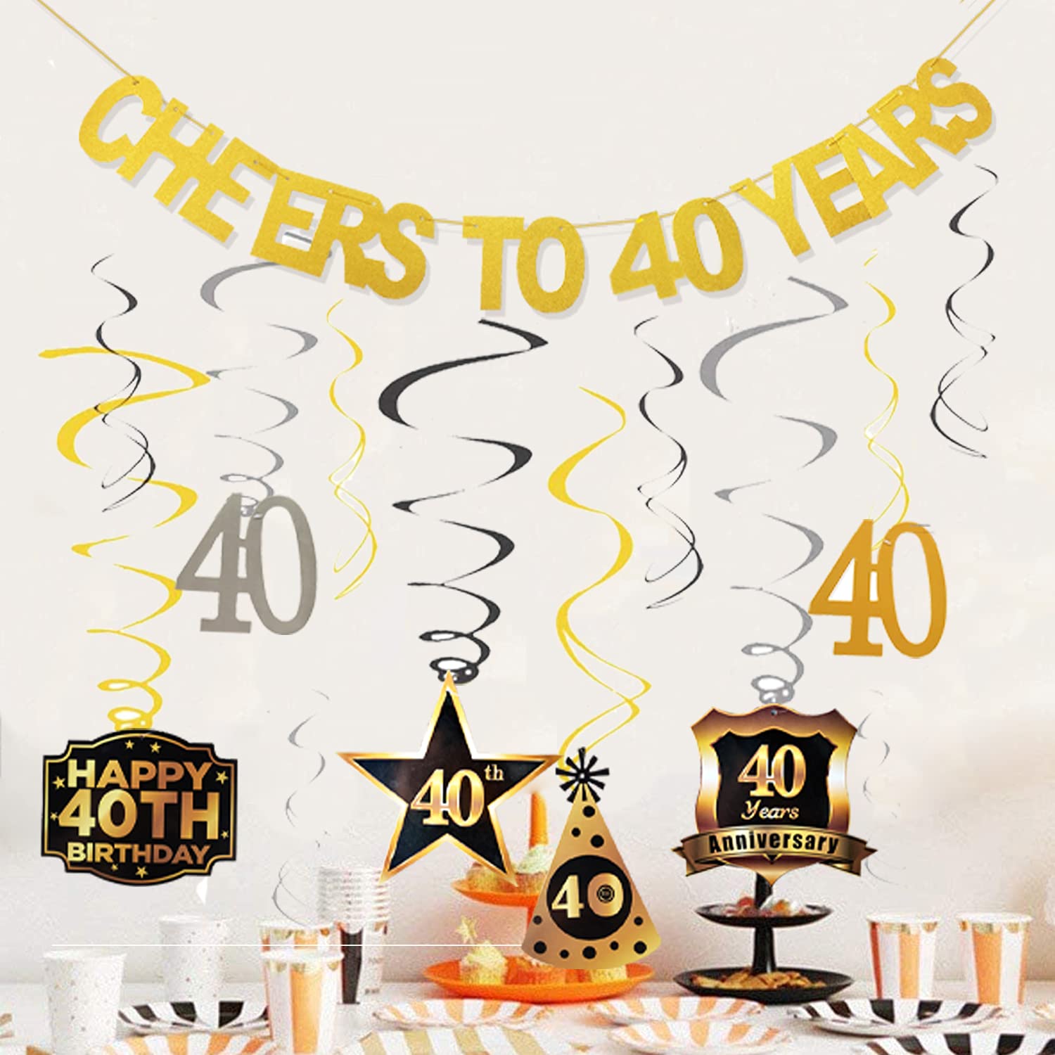 40th Birthday Party Decorations Set - Cheers to 40 Years Banner & Hanging Swirls for Men & Women | Perfect for Milestone Celebrations, Home Decor, and Surprise Parties