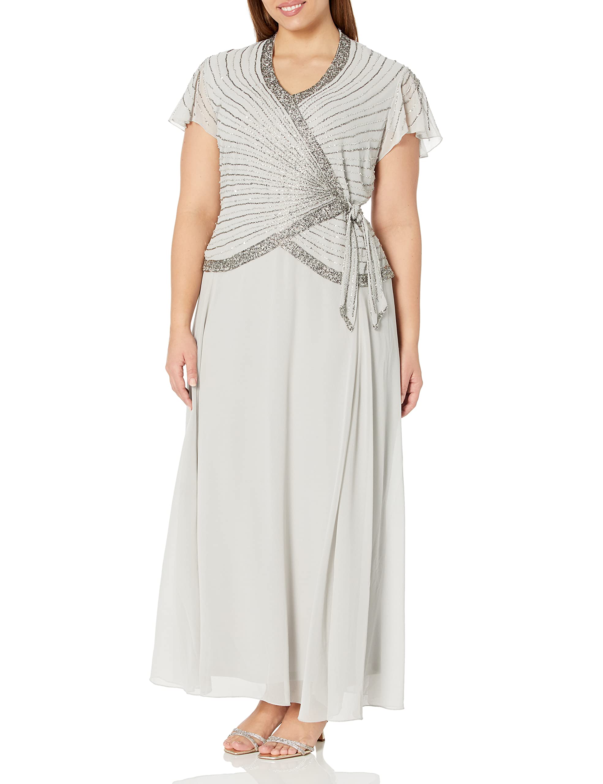 J Kara Women's Plus Size Faux Wrap Long Dress with Flutter Sleeves - Elegant Formal & Casual Wear for Weddings, Parties & Office