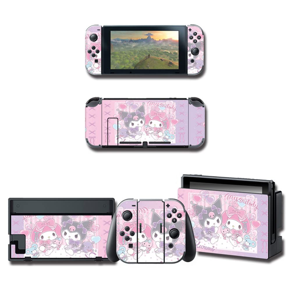 PERFECTSIGHT Kawaii Cartoon Vinyl Decal Skin Sticker for Nintendo Switch - Full Set Protective Wrap for NS Console, Joy-Con Controller & Dock (Melody Rabbit Design) - Perfect for Gaming Protection and Personalization