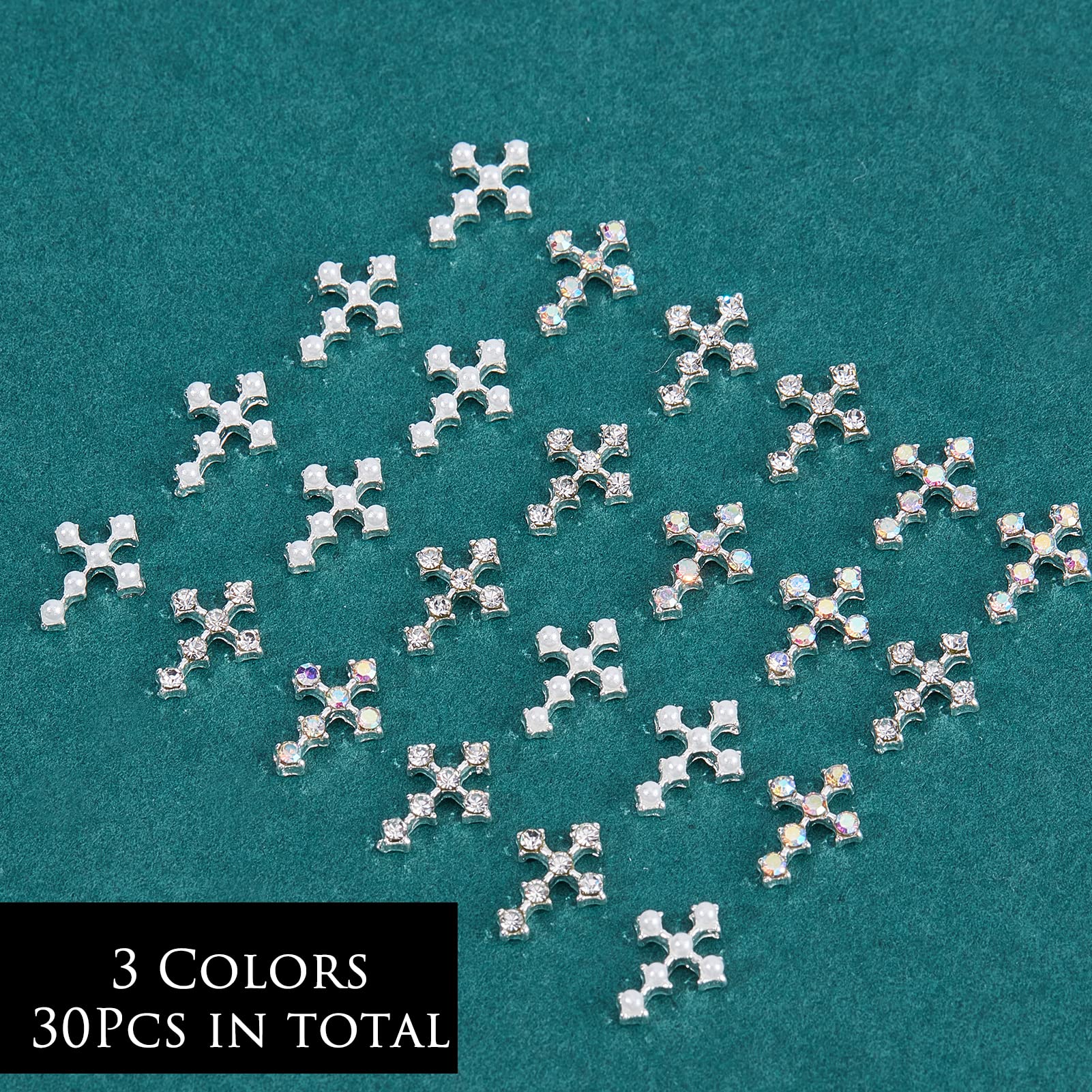 NICENEEDED 30Pcs Silver Pearl Cross Nail Art Charms - 3D Mini Nail Rhinestones Jewelry for Women, Antique Style Nail Decorations - Perfect for DIY Nail Art, Bridal, Party and Special Occasion Nail Designs