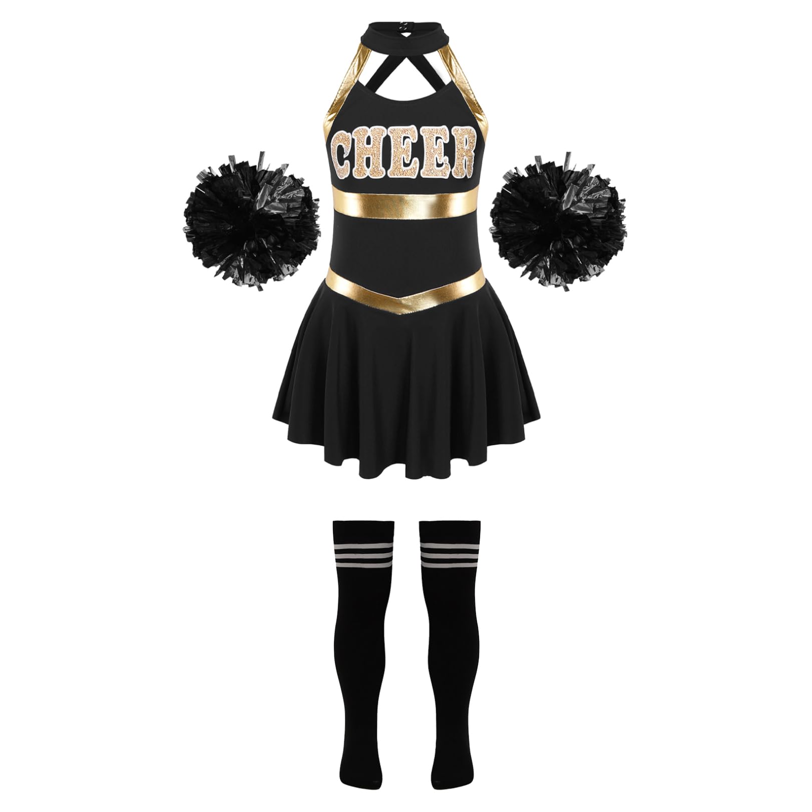 JEATHA Girls Halter Neck Dance Dress with Flower Ball Socks - Kids Dance Competition Costume for Ballet, Jazz & Performance - Perfect for Recitals, Shows & Special Occasions